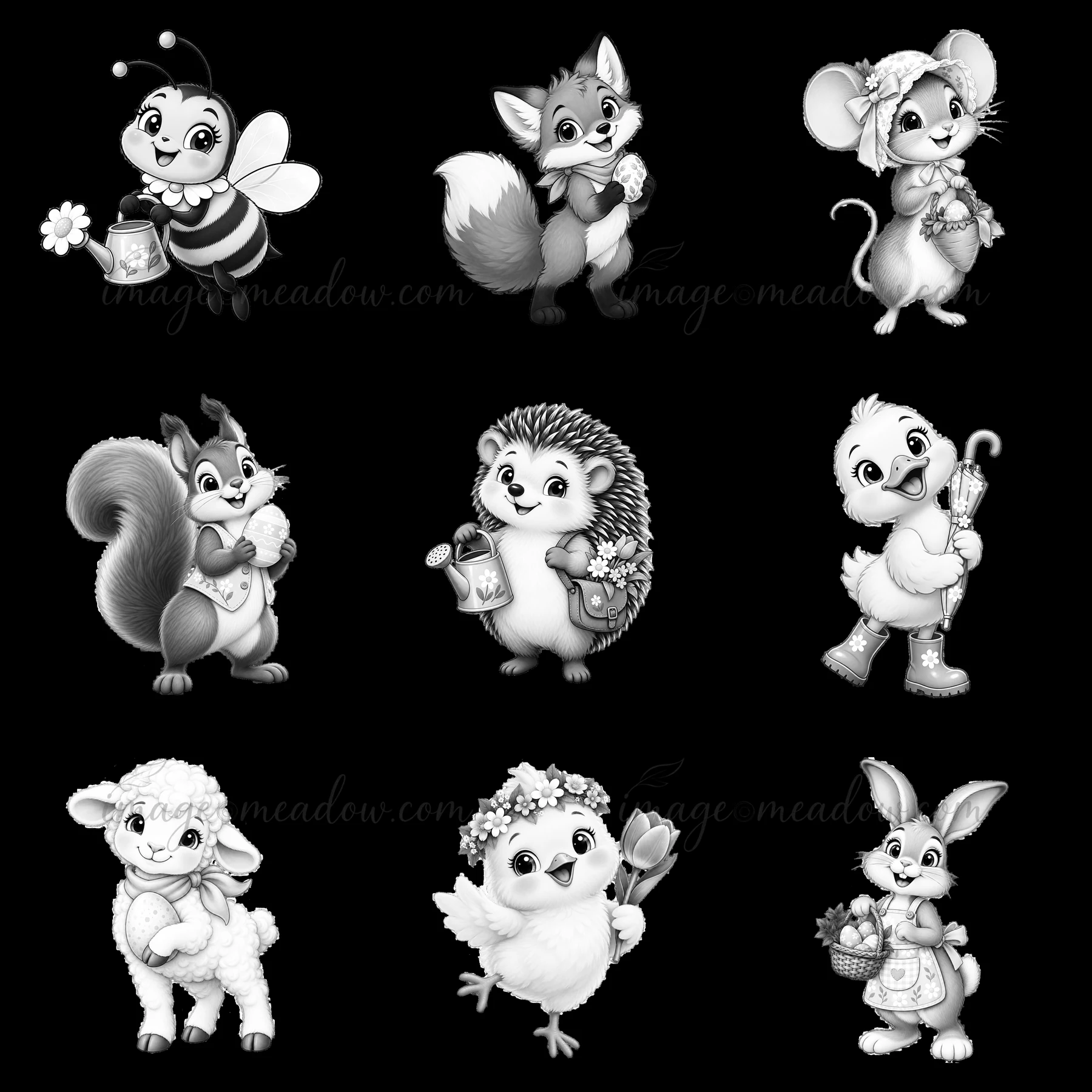 Nine cartoon animals are shown in a 3x3 grid celebrating Easter in a meadow. Each character holds flowers or treats. The diverse group includes a bee, fox, mous