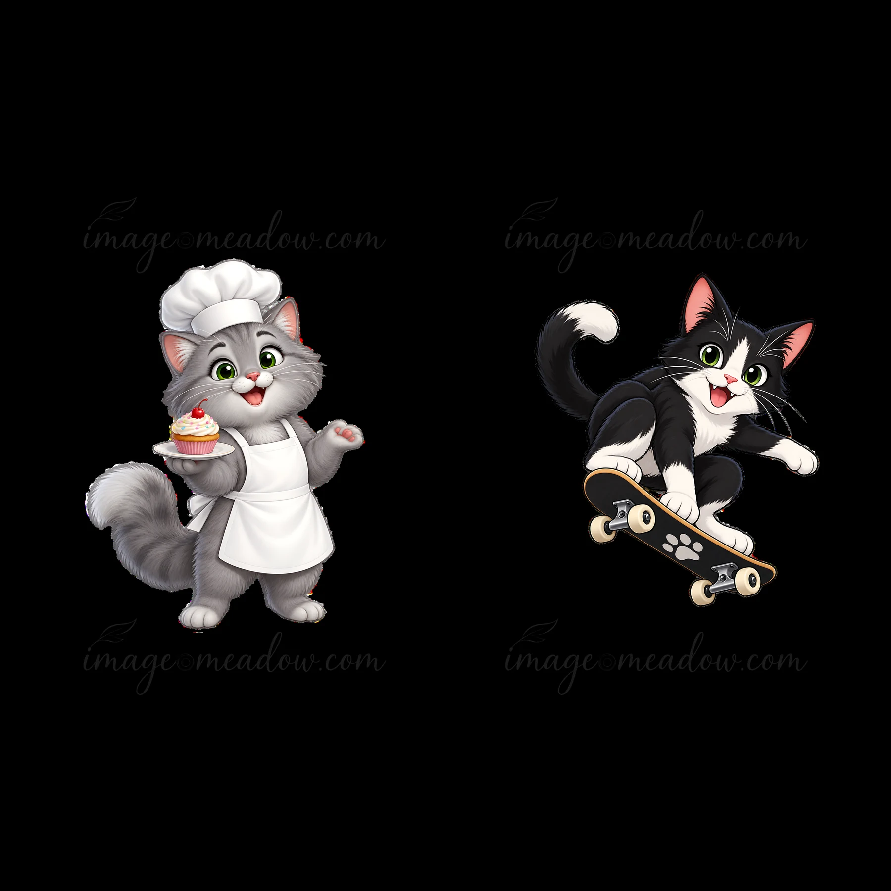 Two cartoon cats show their personalities. One cat wears a chef hat and apron, holding a cupcake, while the other cat performs tricks on a skateboard. The two c