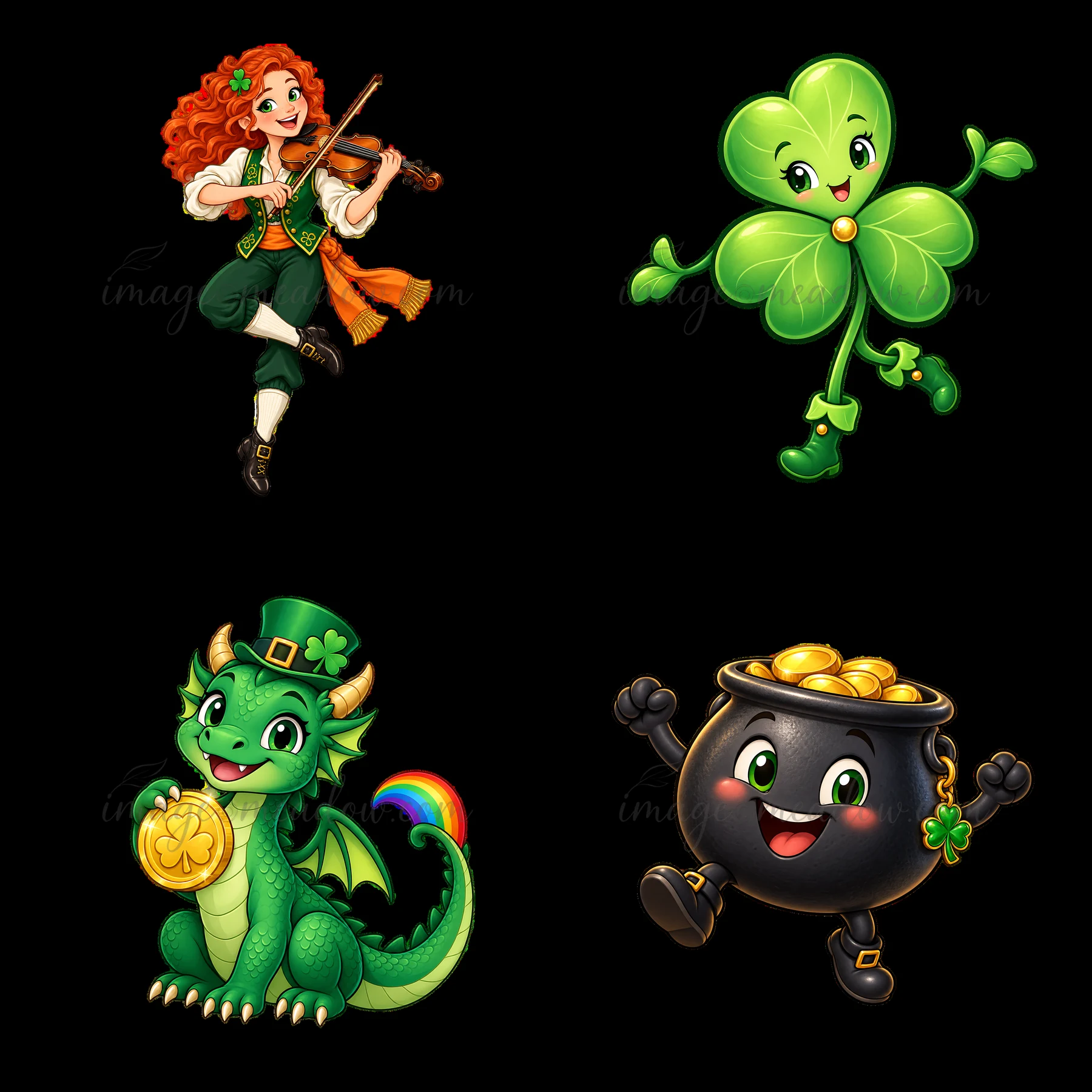 A lively scene features a girl playing the violin, a green shamrock, a happy dragon with a coin, and a pot of gold. Each character represents St. Patrick's Day
