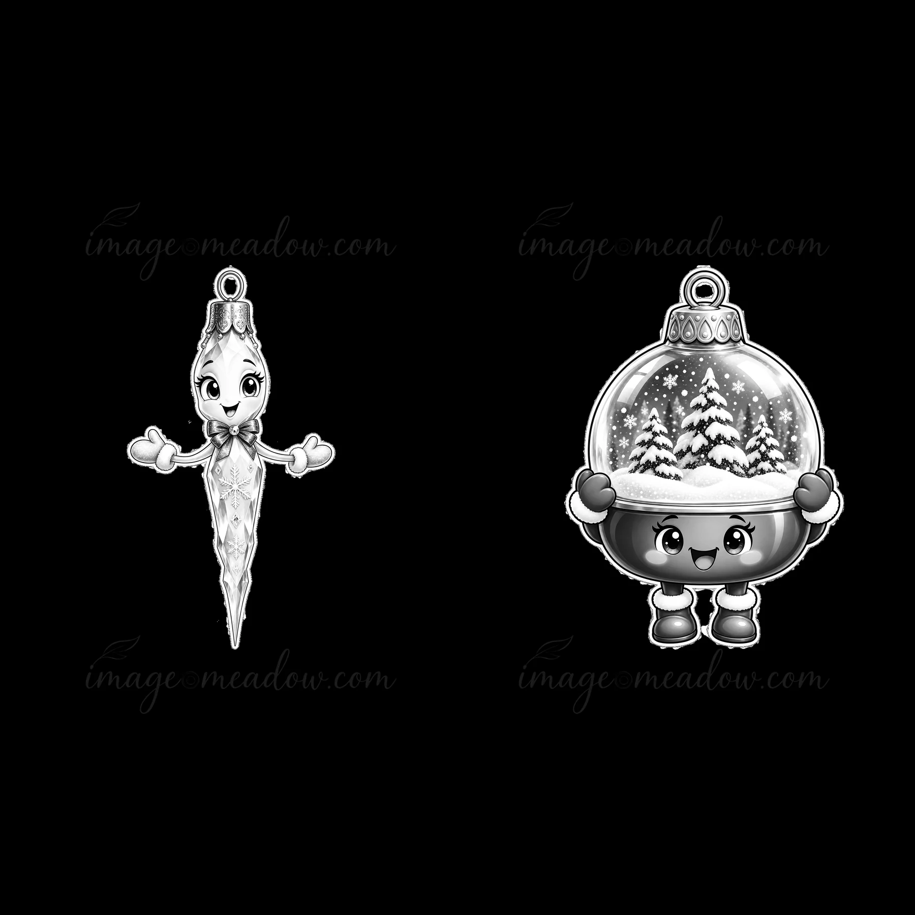 This design features two cartoon Christmas ornaments. On the left is a decorative icicle with a bow, while on the right is a smiling snow globe showing a winter