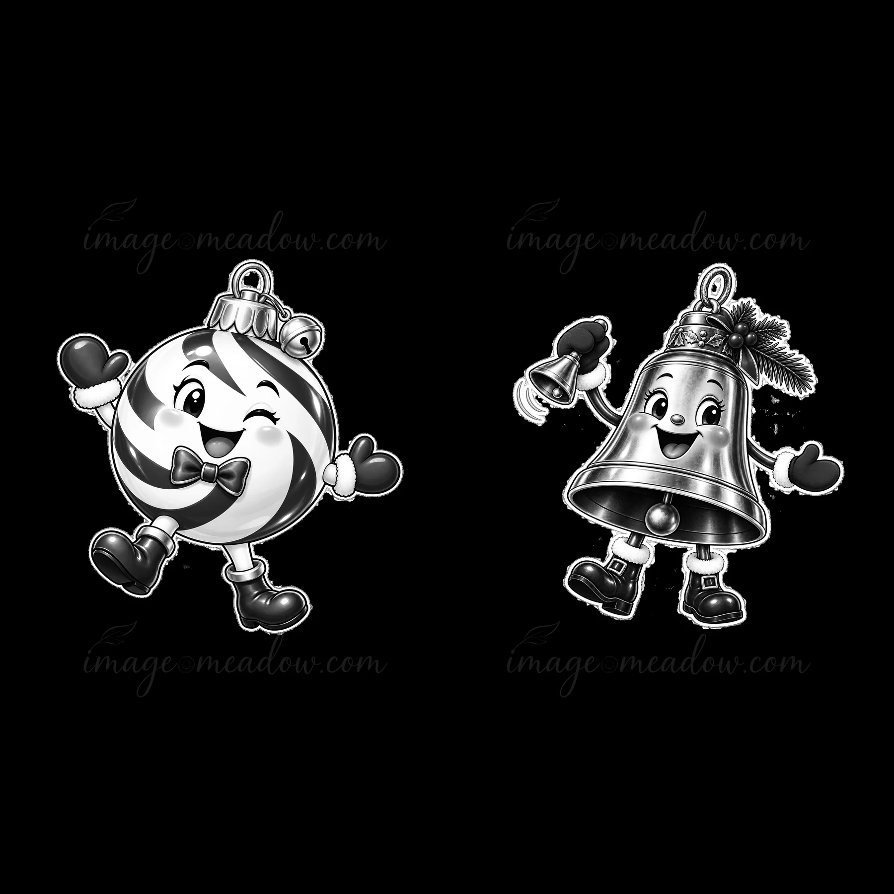 Two cartoon-style Christmas ornaments show a cheerful bauble with a bow and a playful bell holding a light. Both characters have friendly expressions and festiv
