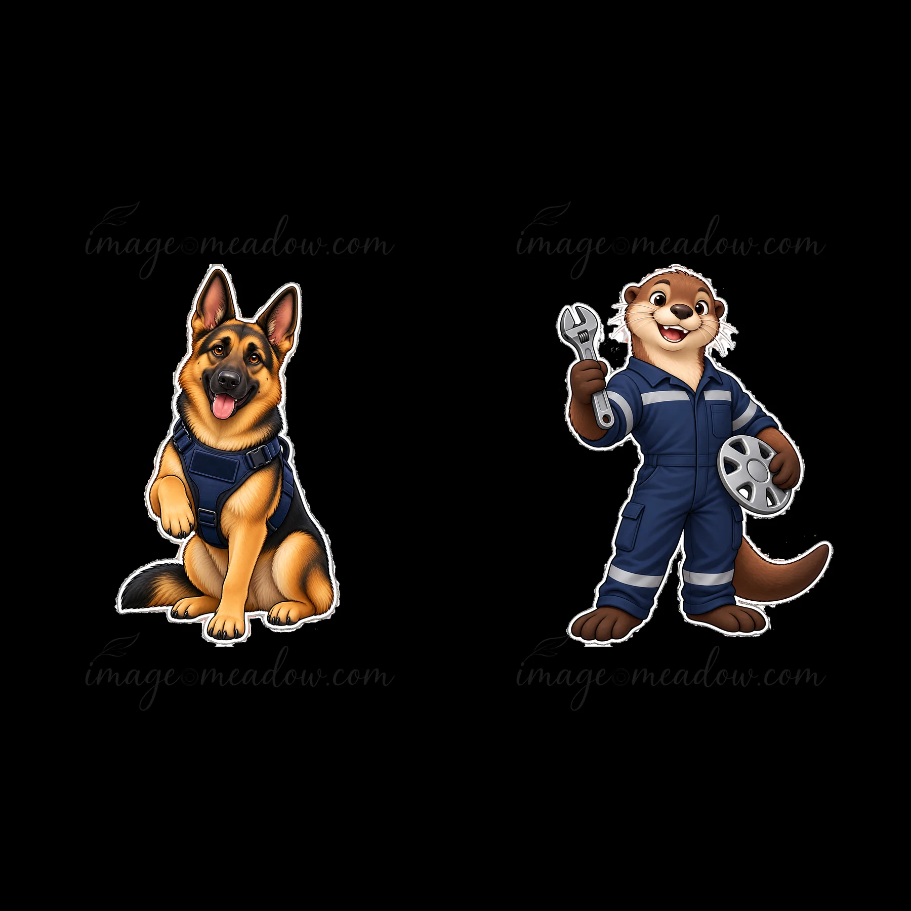 A cartoon German Shepherd dog sits wearing a police vest. Next to it, a cartoon otter holds a wrench and a film reel. Both characters smile and appear friendly,