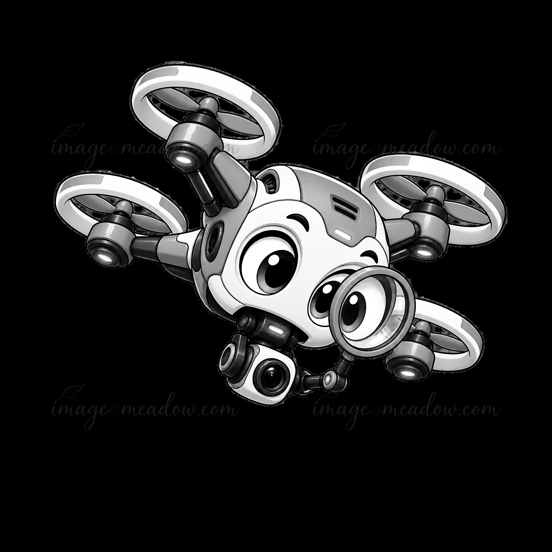 A cartoon drone is flying with a magnifying glass and camera attached. The drone has large eyes, adding a playful character to the design. It is depicted in mon