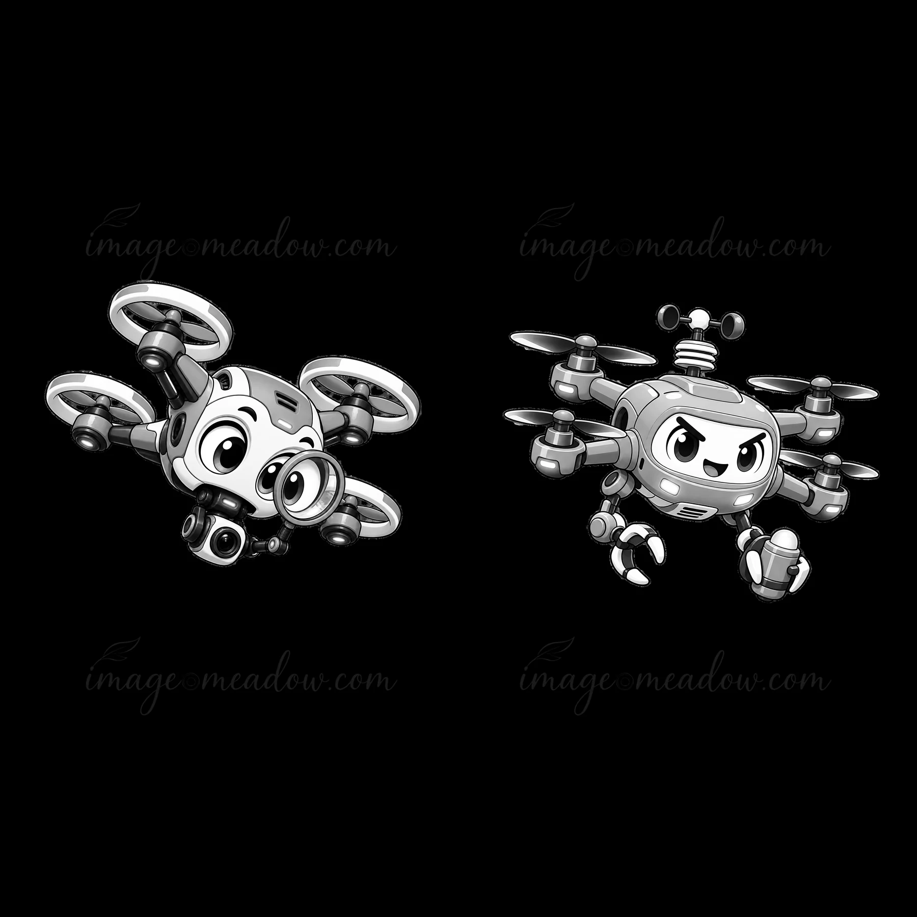 Two cartoon drones are illustrated side by side, each with unique expressions and designs.