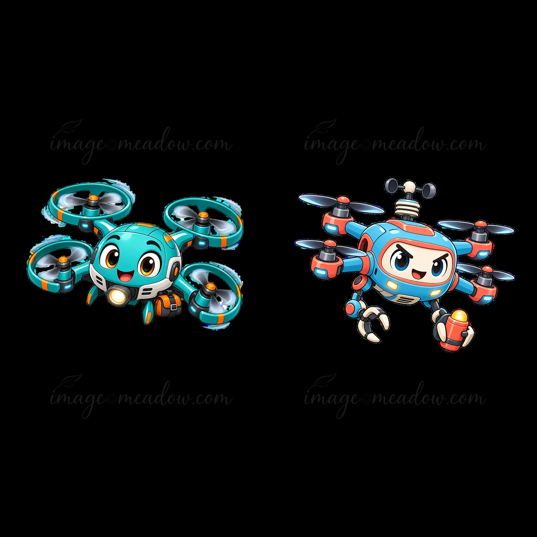 Two cartoon drones are shown with distinct designs. The left drone has a friendly expression and bright blue colors, while the right drone appears more serious,