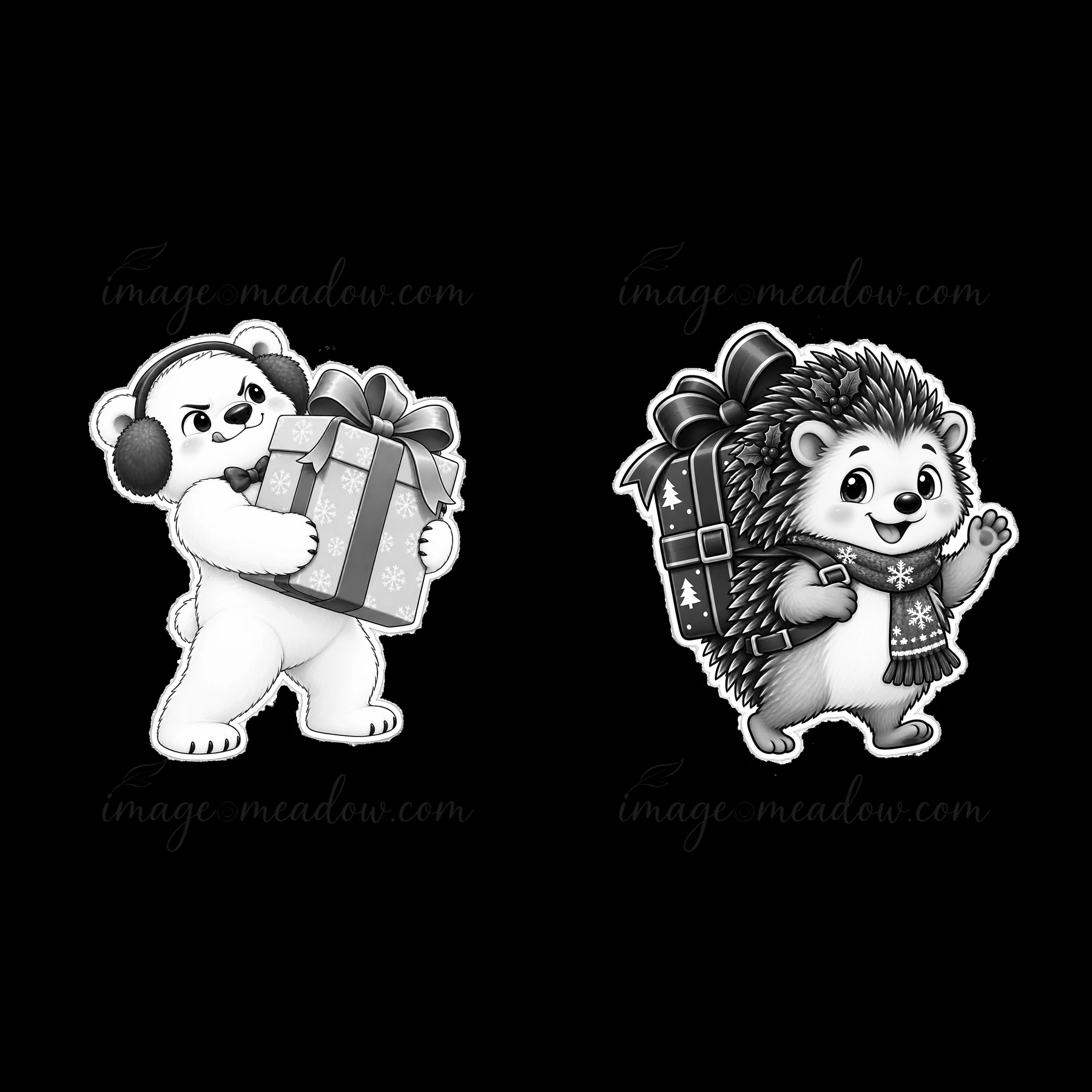 A polar bear wearing earmuffs holds a Christmas present with a bow. A hedgehog wearing a scarf carries another gift on its back. This scene captures holiday joy