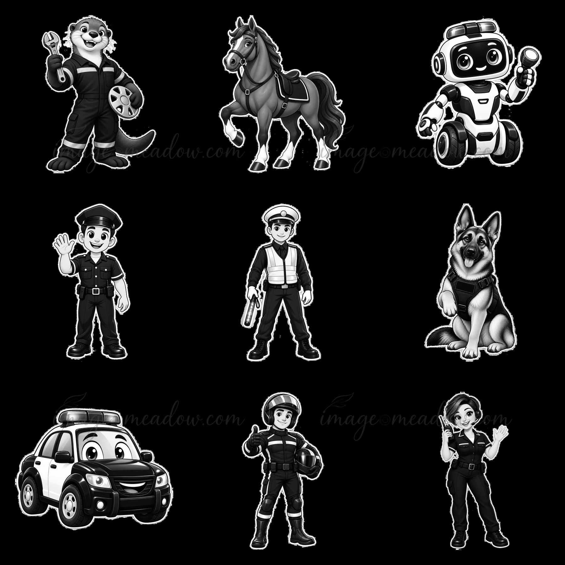A grid of cartoon police characters, including a police car, horse, dog, and robot. Each character is depicted engaging in police-related activities, showcasing