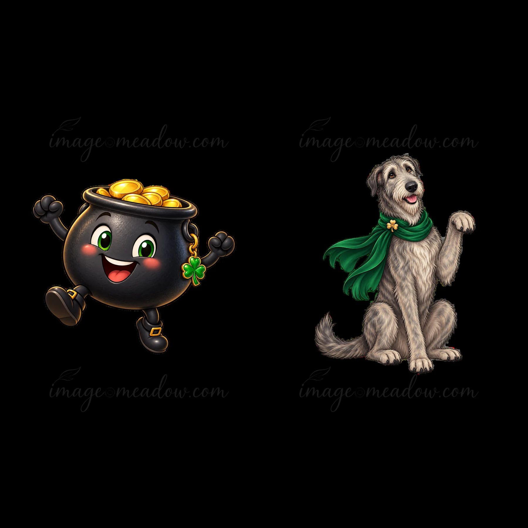 A happy pot of gold with coins and a cheerful dog dressed in a green scarf are featured together. This illustration conveys a festive St. Patrick's Day theme wi