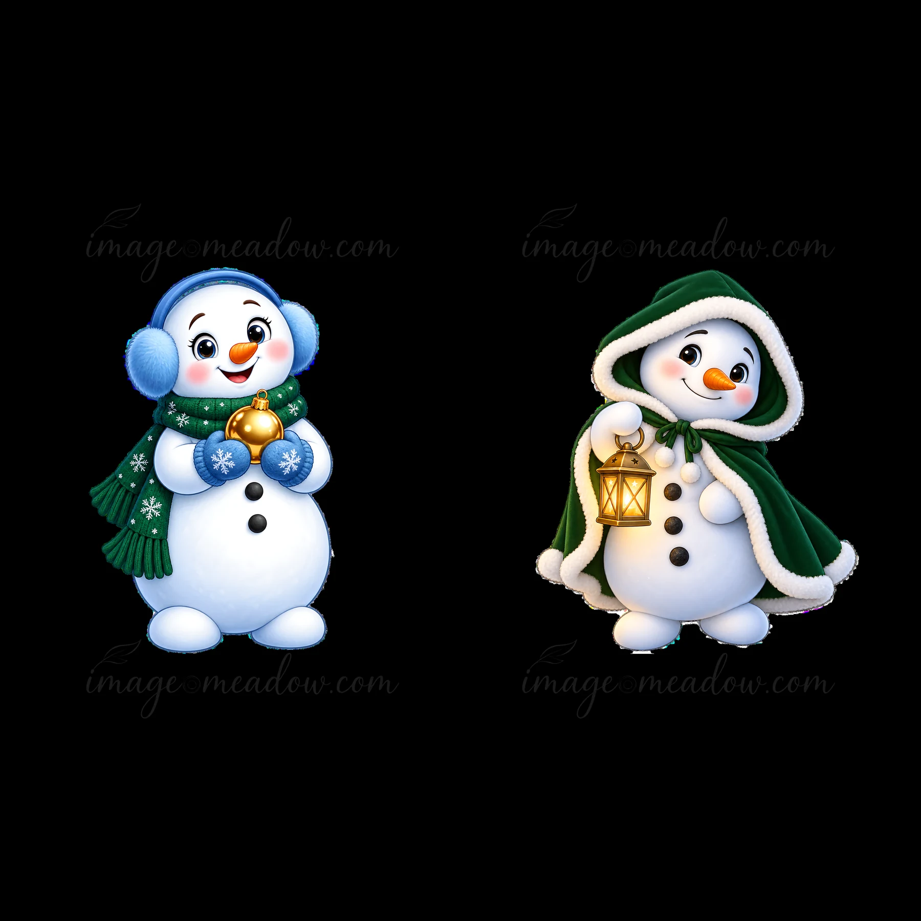 Two cartoon snowmen are featured in this illustration. The first snowman holds a bell and wears a scarf and earmuffs. The second snowman carries a lantern while