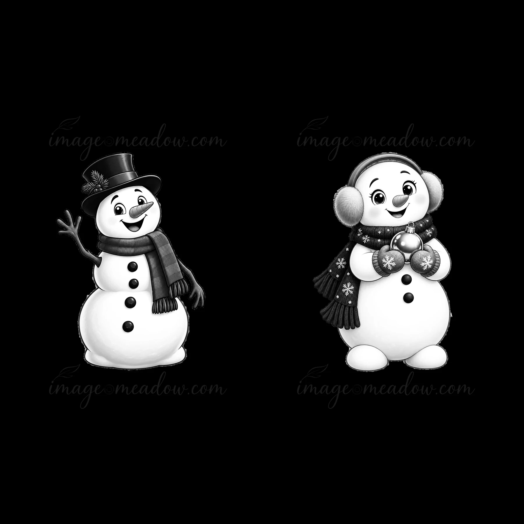 Two cartoon snowmen stand together in the winter season. The first snowman waves while wearing a top hat and scarf. The second snowman holds bells and wears ear