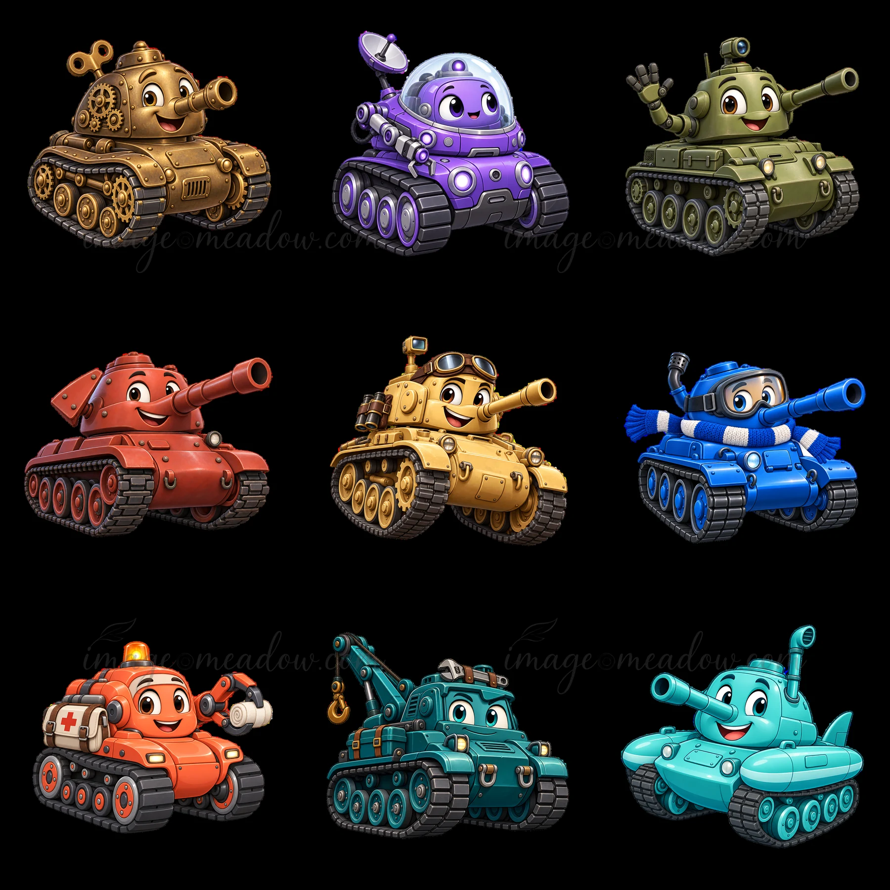 Nine cartoon tanks arranged in a 3x3 grid. Each tank has a unique color and facial expression. The tanks include green, blue, red, purple, yellow, and orange de