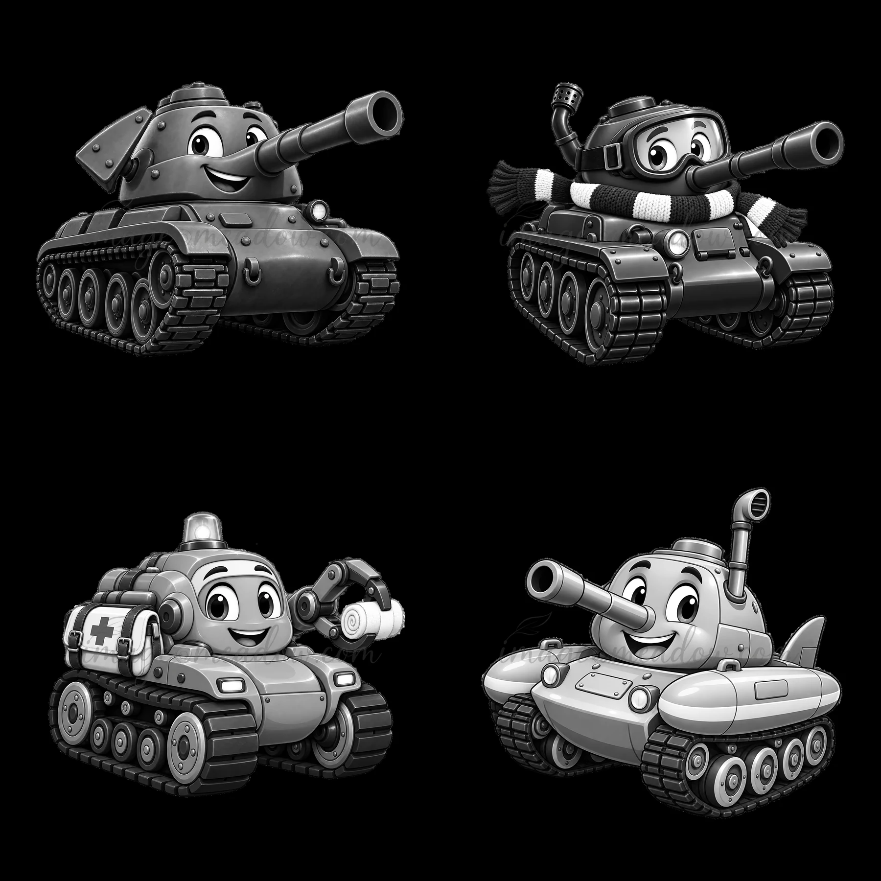 Four cartoon tanks display unique designs and expressions. Each tank features various accessories and actions, like a smiling face and holding an item. The layo
