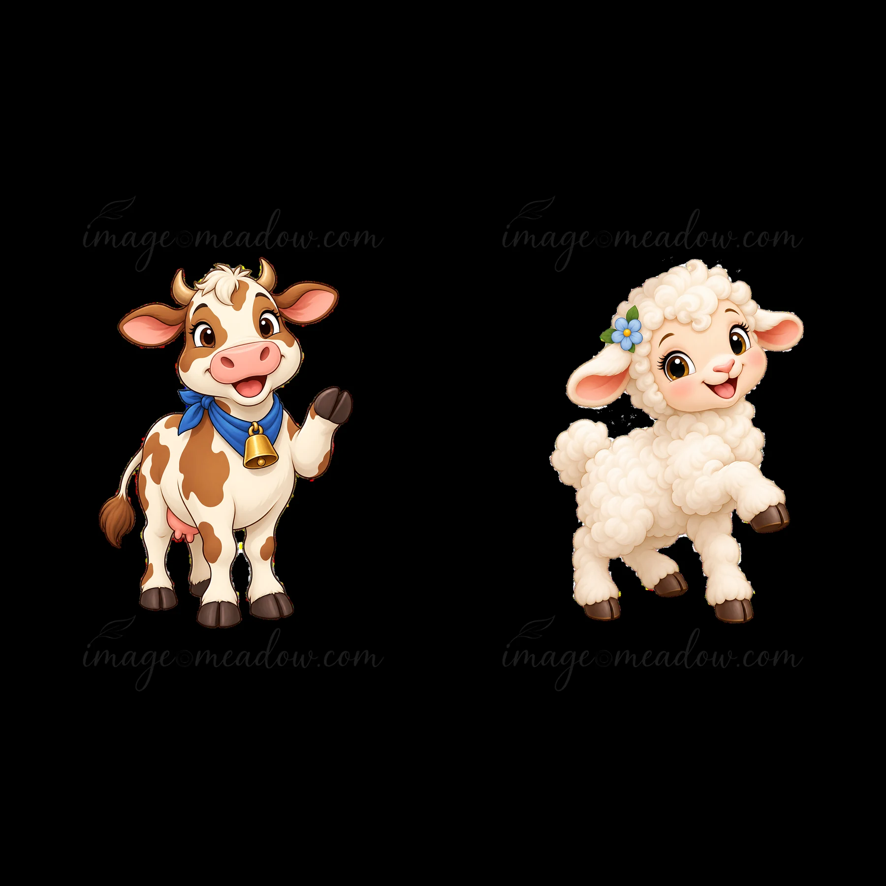 A cartoon cow waves with a bell around its neck, while a fluffy lamb stands on its hind legs. Both characters are designed for a playful farm theme, ideal for s