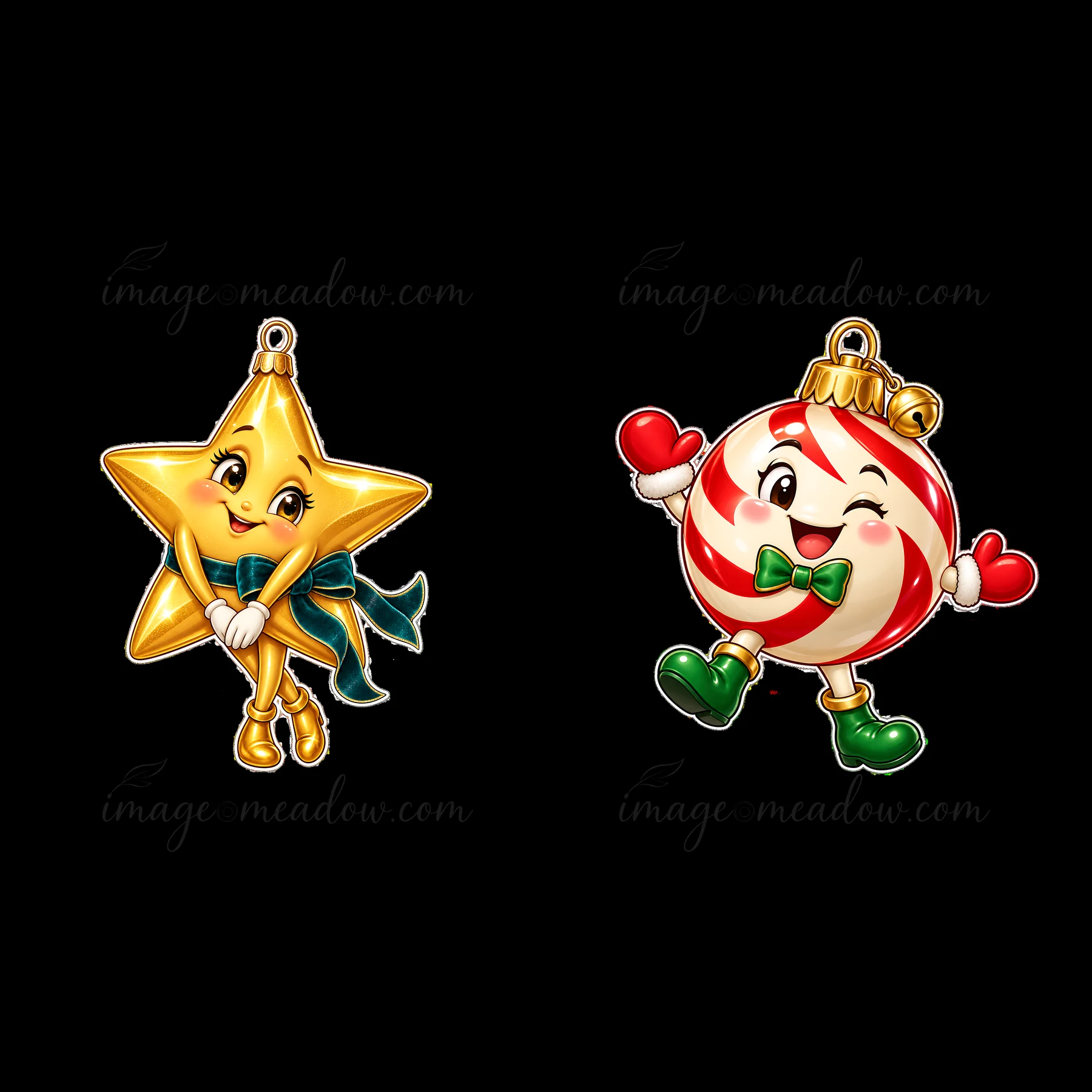 Two cheerful cartoon ornaments are shown. A gold star has a blue ribbon and a smiling face, while a striped candy ornament has a playful expression and green ac