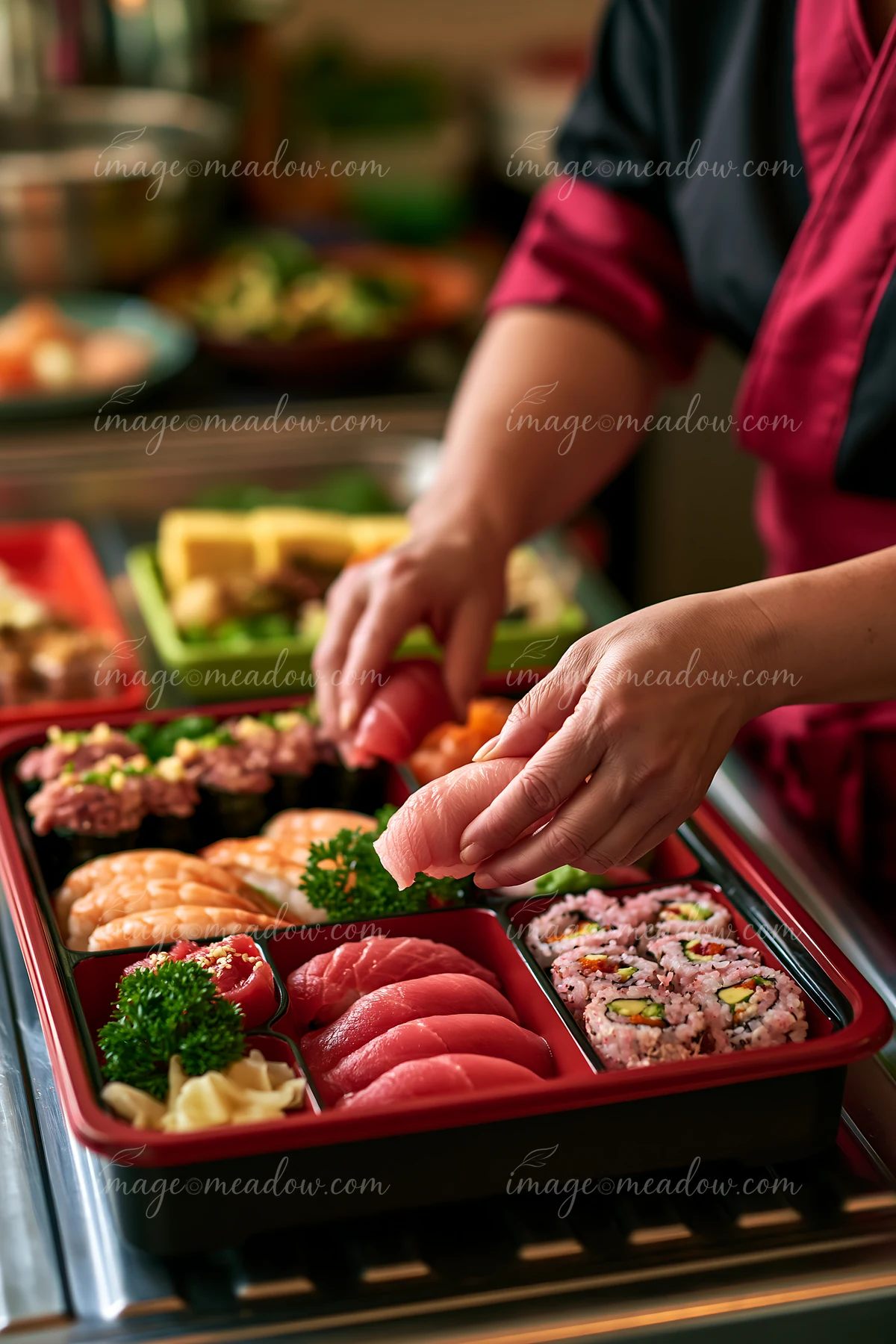 Chef arranges assorted sushi, including nigiri and rolls, in a compartmented lunch box at a preparation counter.