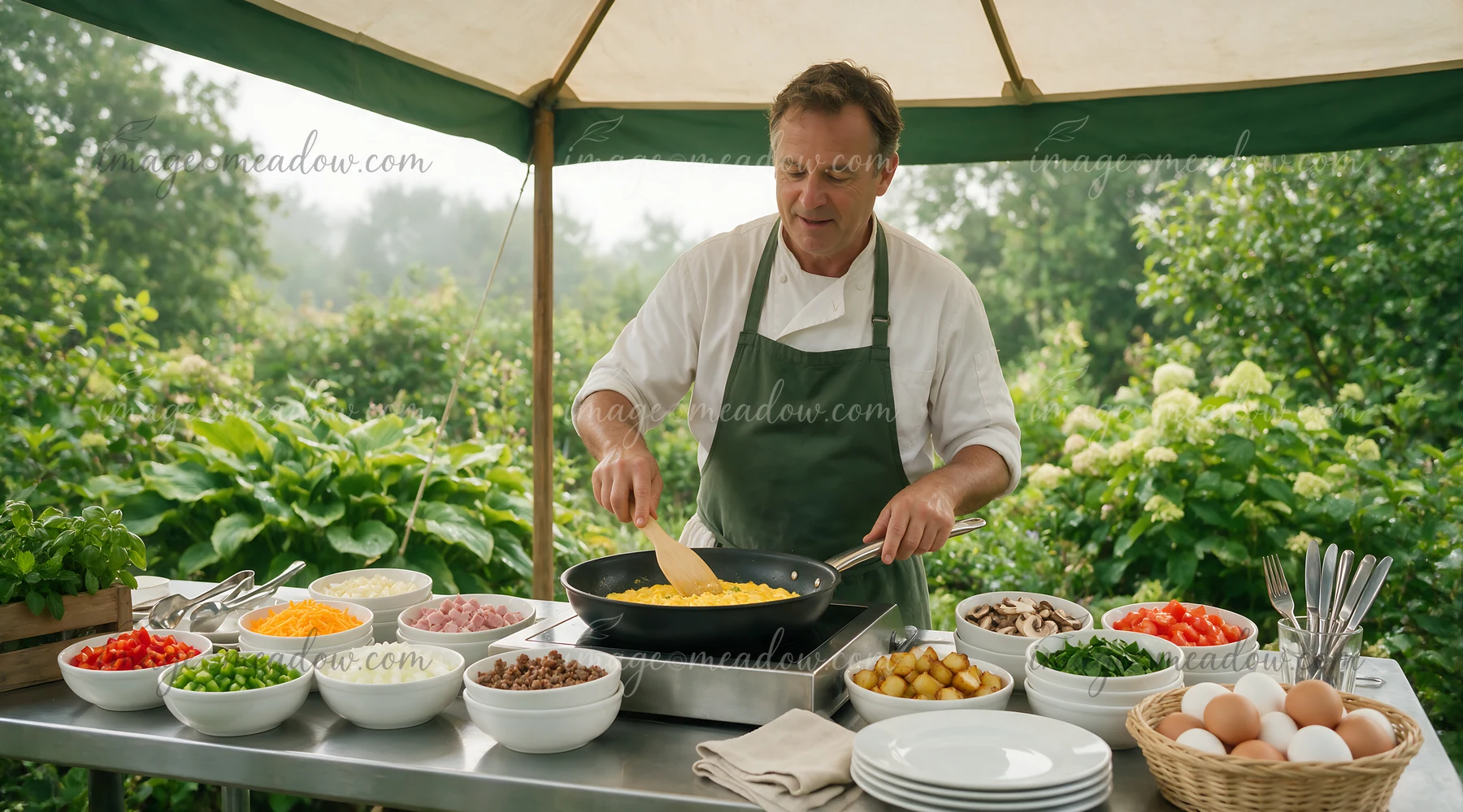 Chef cooks eggs at an outdoor omelet buffet station surrounded by bowls of vegetables, meat, cheese, and eggs.