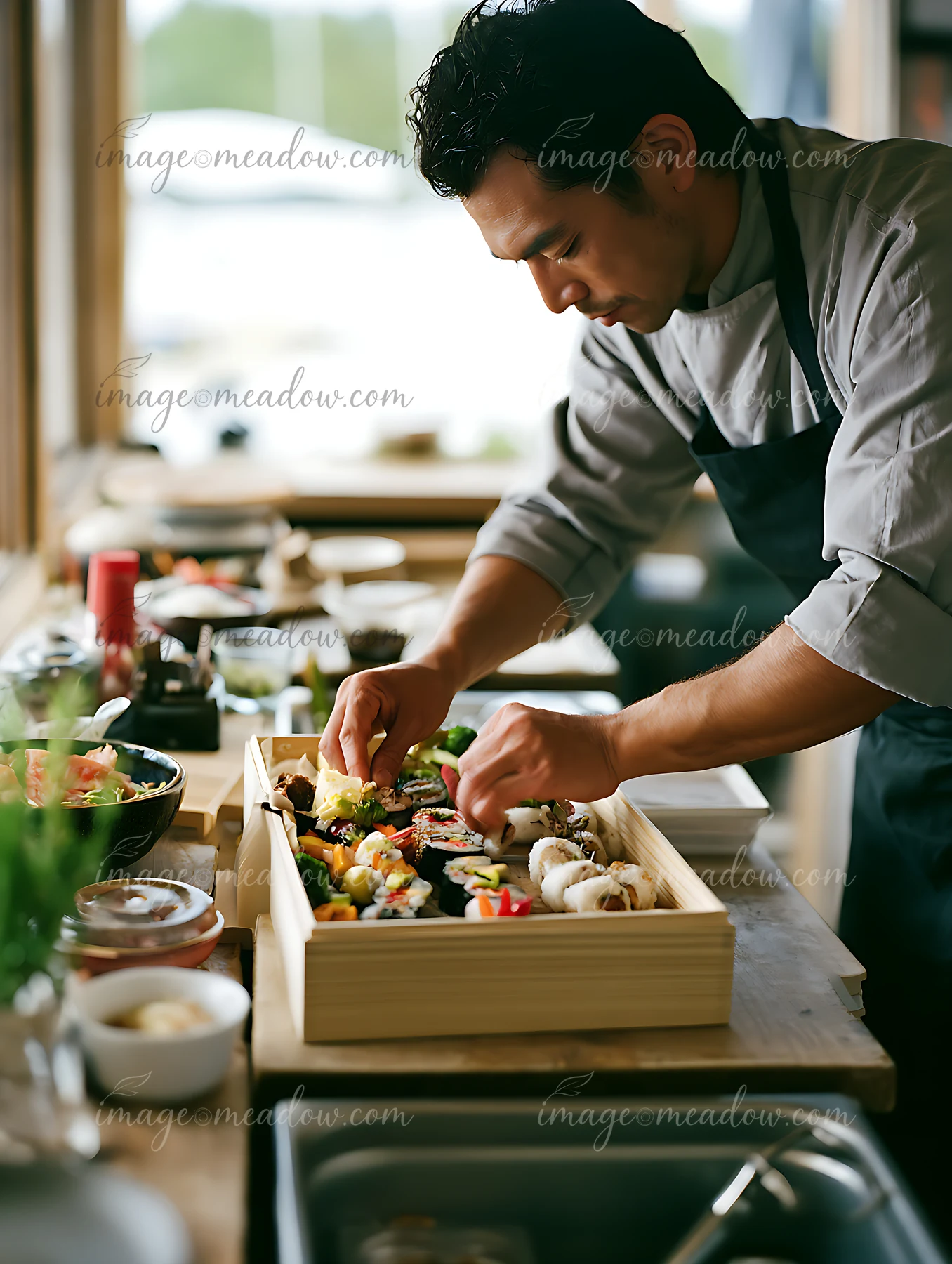 Chef packs assorted sushi into a wooden lunch box at a bright kitchen counter.