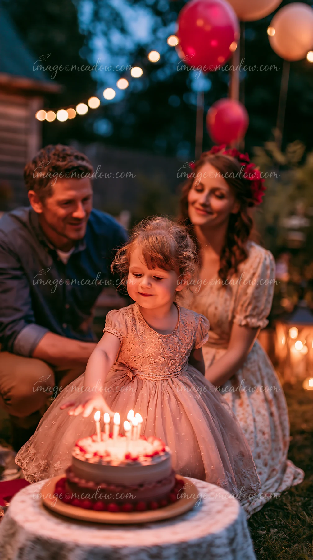 Child celebrates with parents beside a candlelit birthday cake in a decorated garden at dusk.