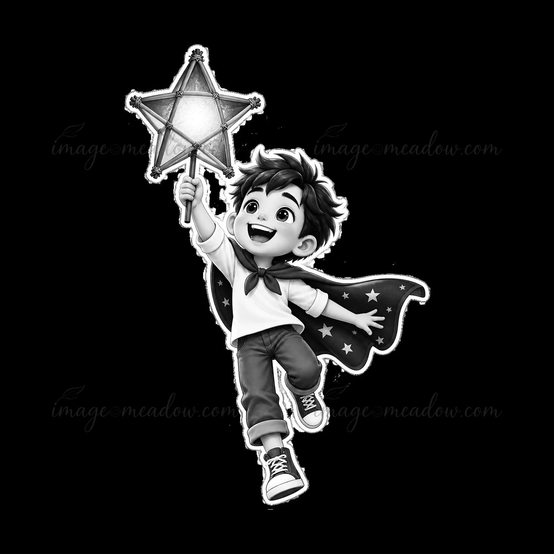 A child wearing a star-patterned cape runs joyfully while holding a star wand. The expression shows happiness and enthusiasm, conveying a sense of celebration o