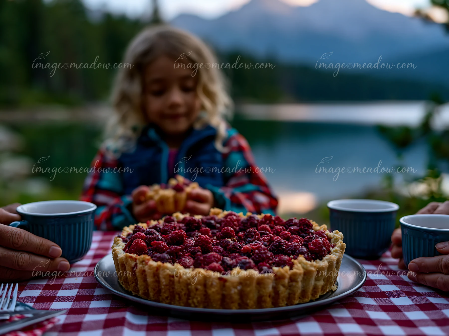Child seated behind a berry tart at a picnic table beside a forested alpine lake.