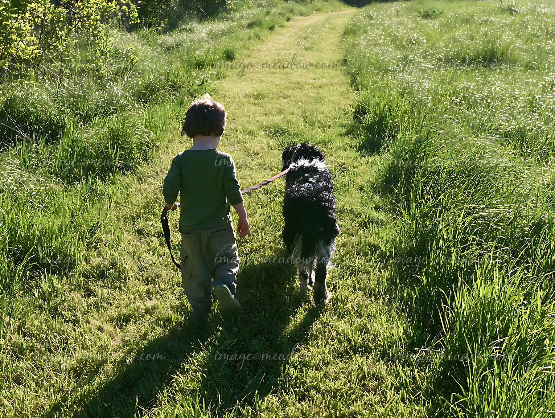 Child walks a black-and-white dog on a leash along a sunlit trail through tall meadow grass.