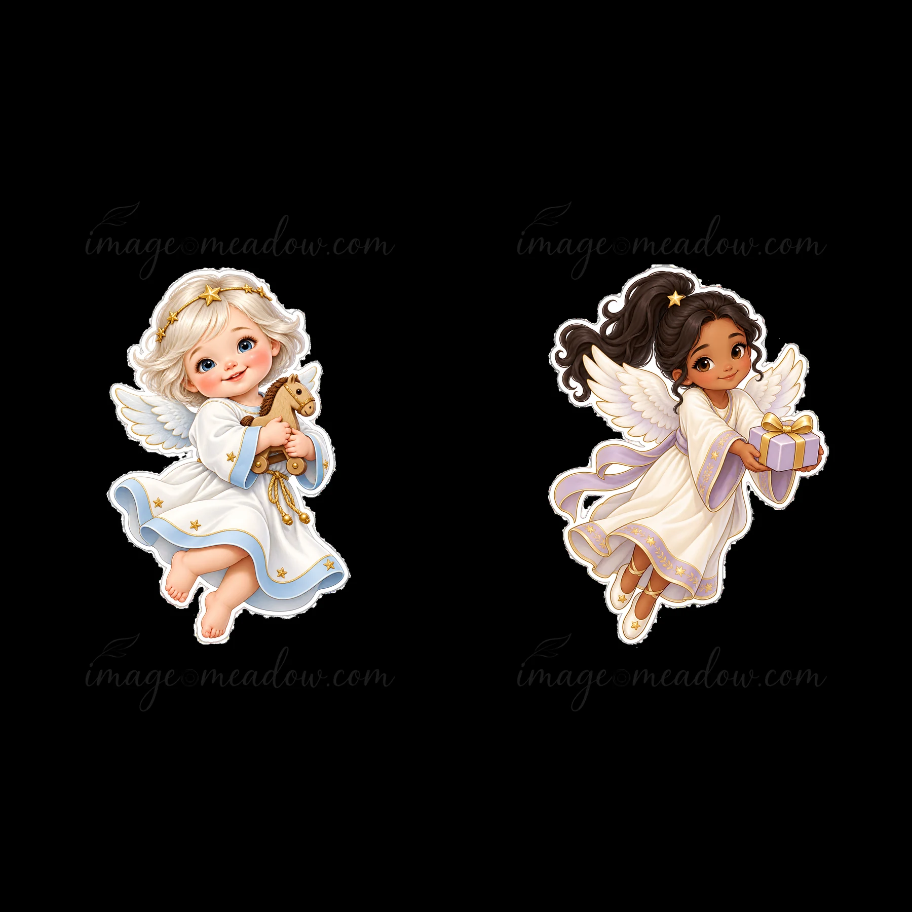 Two cartoon characters depict the Christ Child giving gifts during Christmas. One child has light hair and a toy, while the other has dark hair and a present. B