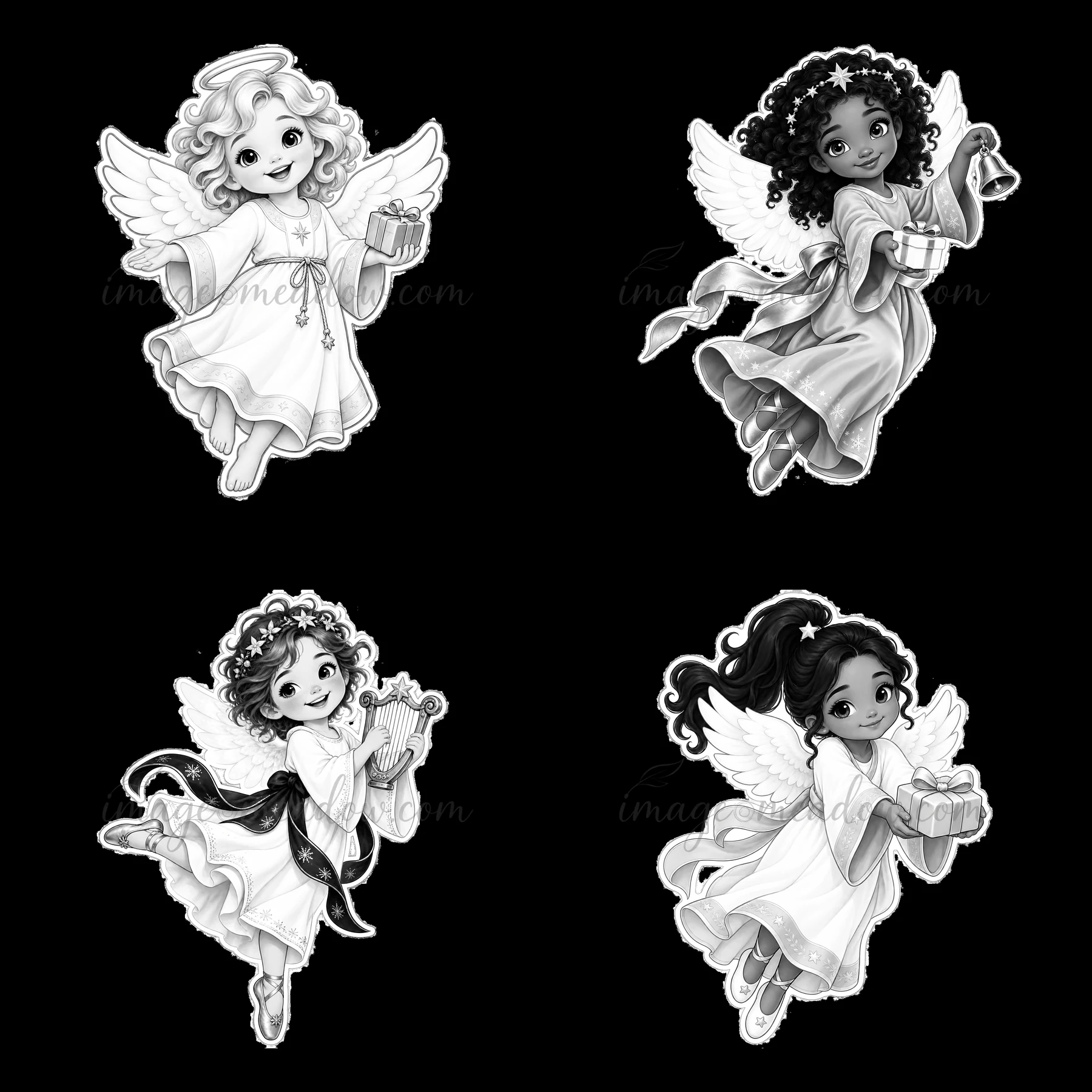 Four cartoon stickers show the Christ Child and angels. Each figure holds a gift or toy. The characters are designed in black and white with detailed features.