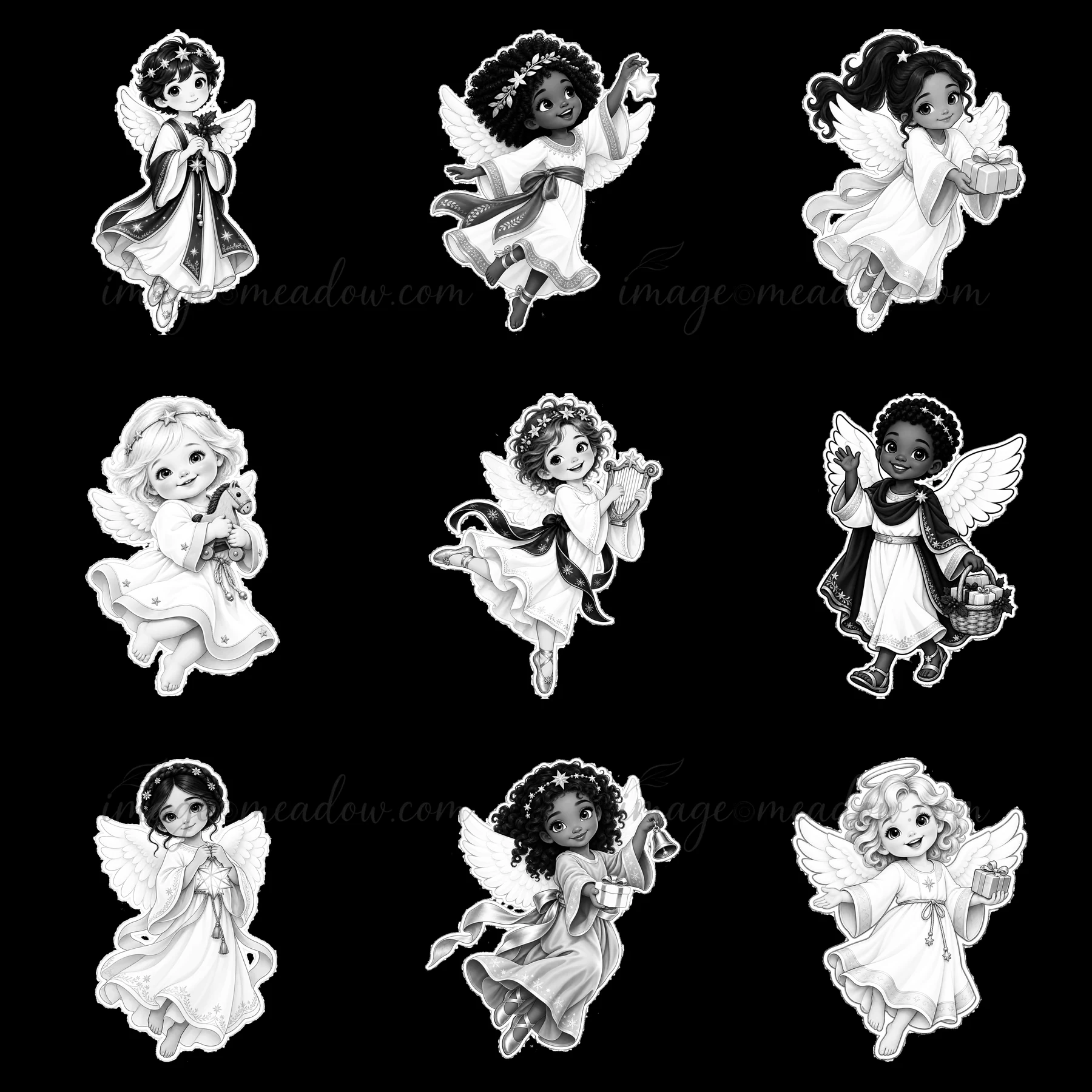 Nine cartoon figures show the Christ Child, a Christmas gift-bringer. Each figure has a unique pose and accessory, illustrating traditional roles in Christmas c