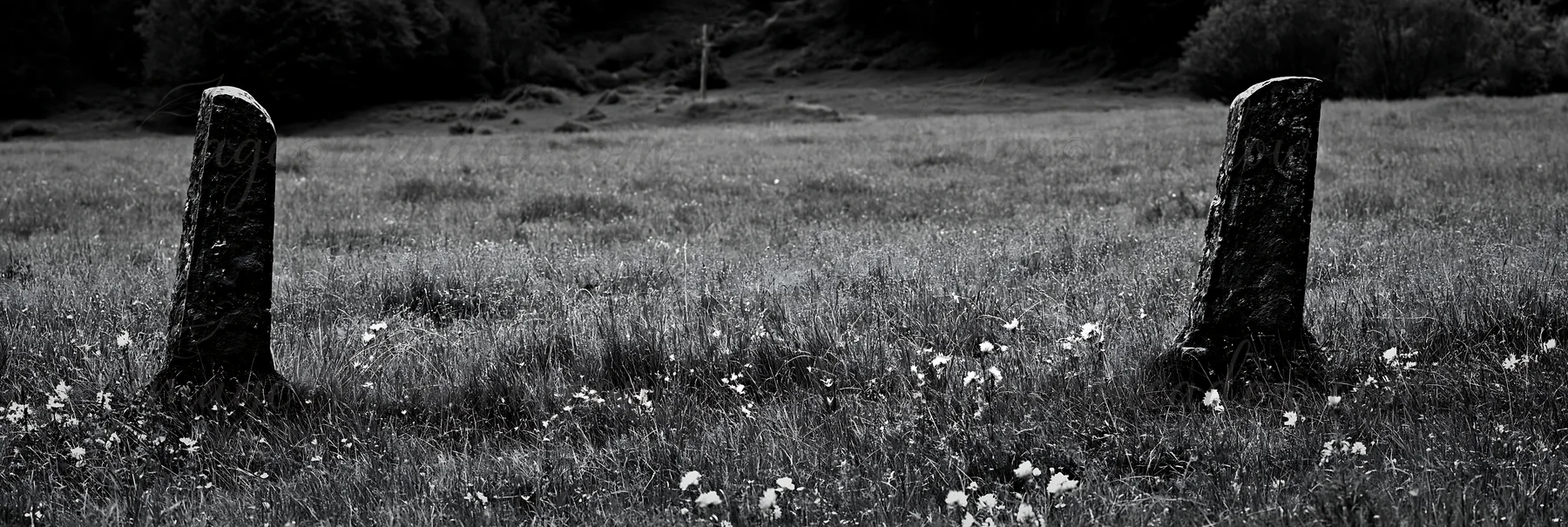 A cross stands tall above a peaceful mountain meadow. Two stone markers frame the scene. The meadow is dotted with wildflowers, creating a natural landscape und