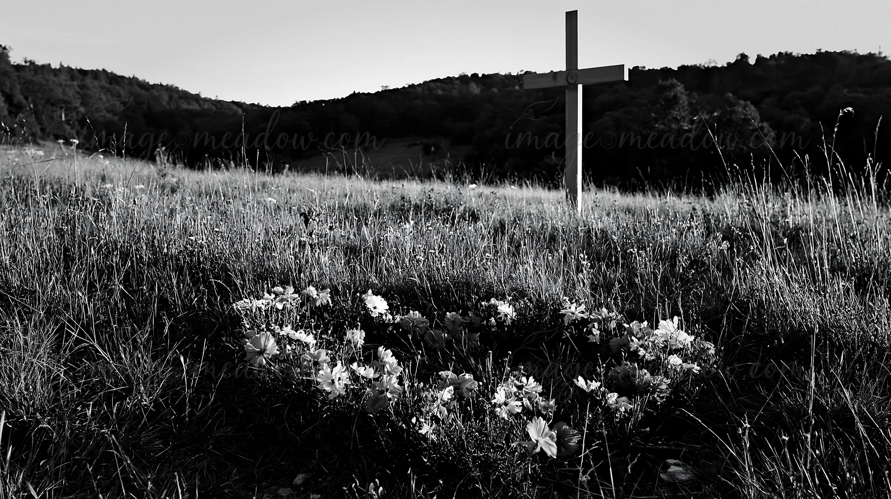 A wooden cross stands in a grassy meadow surrounded by wildflowers. The scene takes place in a natural setting during daylight. Hills are visible in the backgro