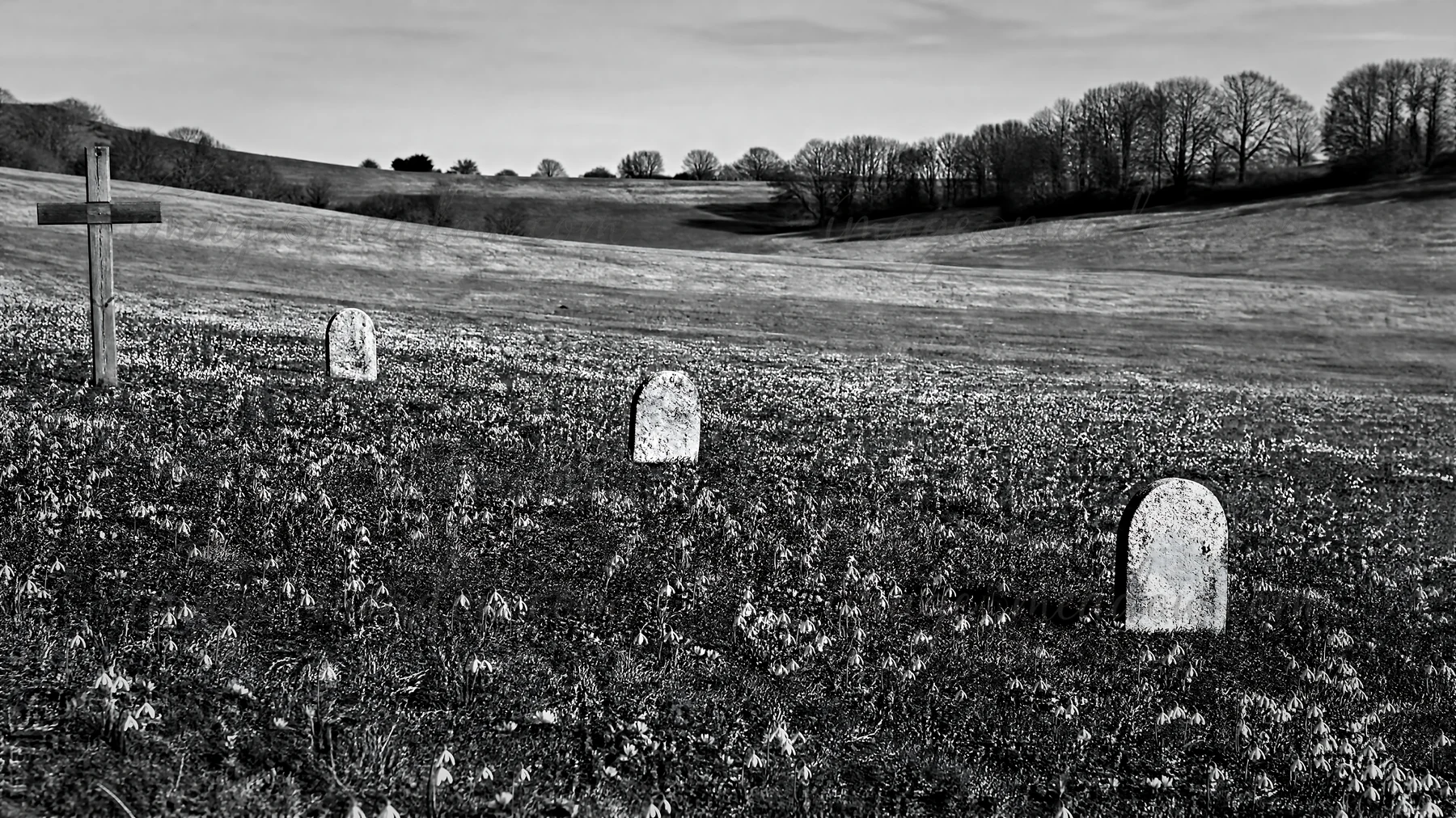 A Christian cross stands in a winter meadow surrounded by snowdrops. The sun sets low on the horizon, casting light rays across the landscape with rolling hills