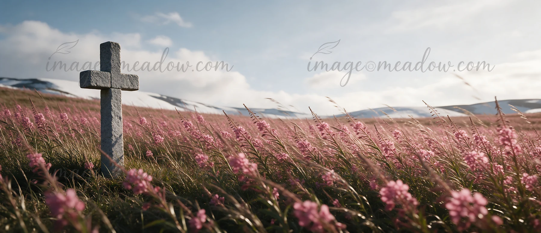 A stone cross stands in a meadow filled with flowers in a winter mountain valley. Snow-capped peaks rise in the background under a clear blue sky. The scene cap