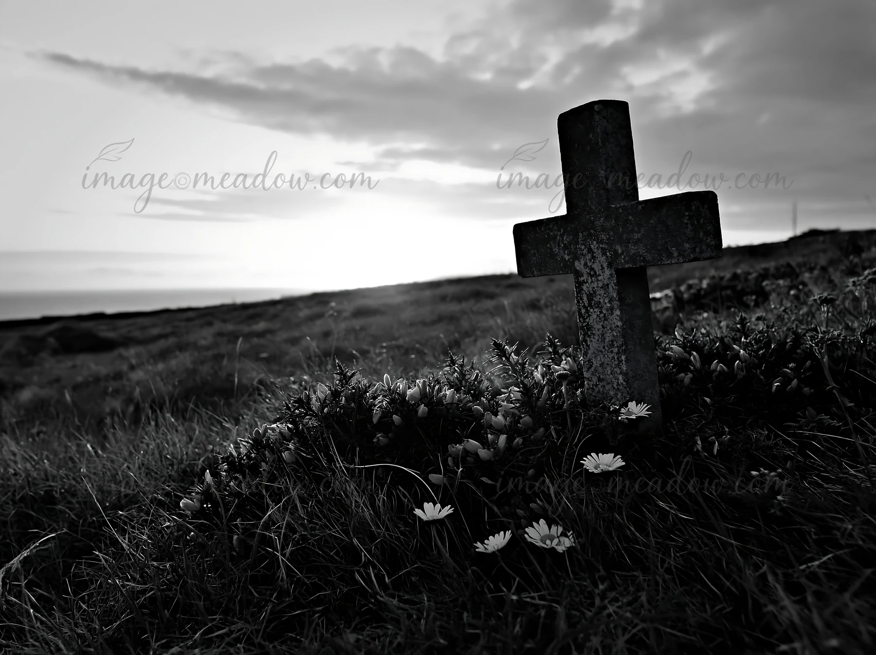 A cross stands in a meadow as the sun rises in the background. The ground is dotted with grass and small flowers, creating a simple scene filled with natural el