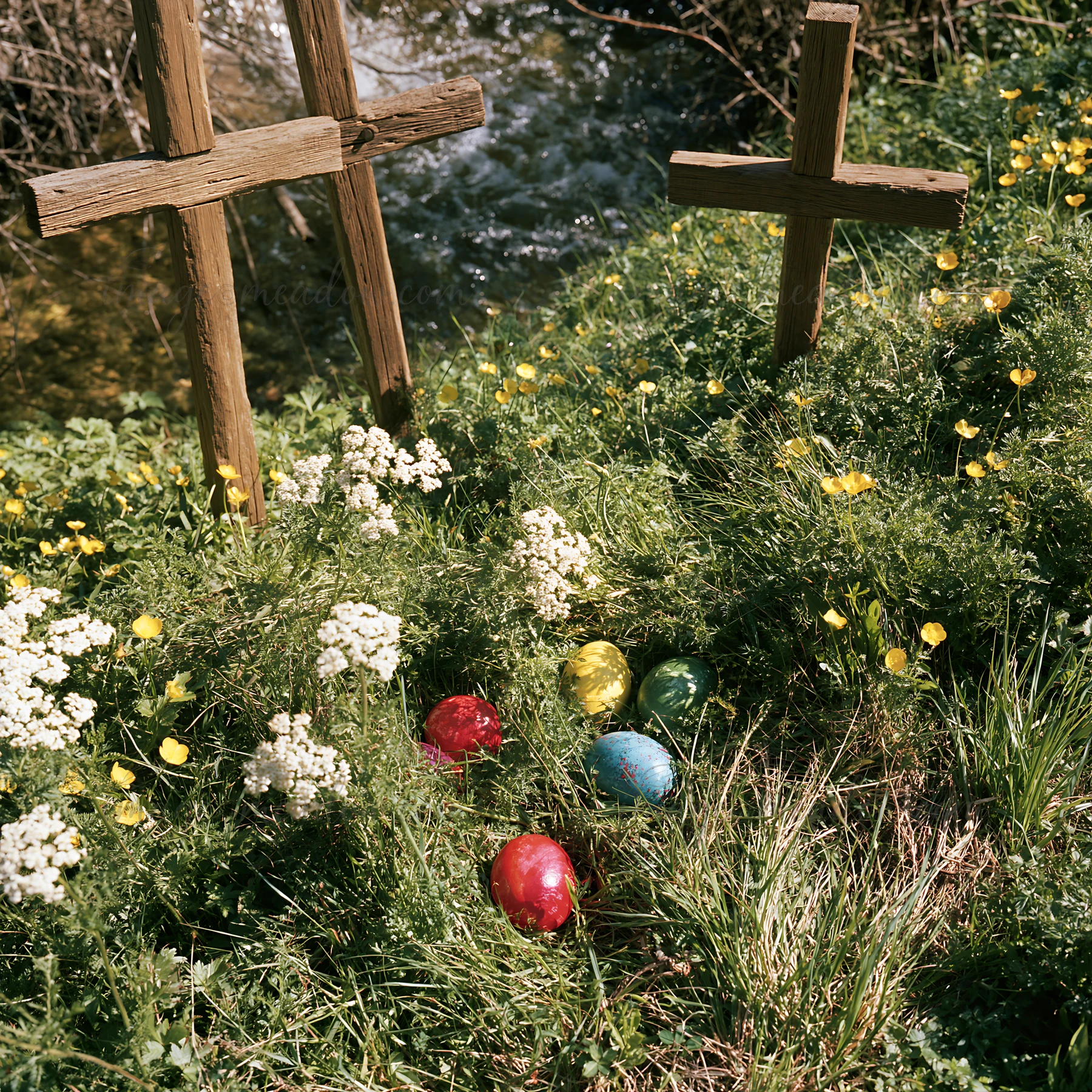Christian crosses stand among flowers near a mineral spring. Colorful eggs are scattered in the grass. The setting is bright and captures the essence of springt