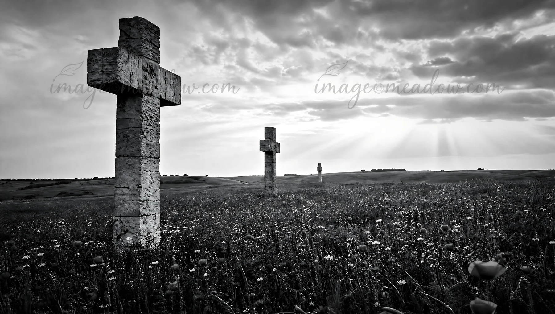 Two Christian crosses stand in a secluded meadow. Light rays emerge from the clouded sky, illuminating the grassy field. Wildflowers surround the crosses in thi