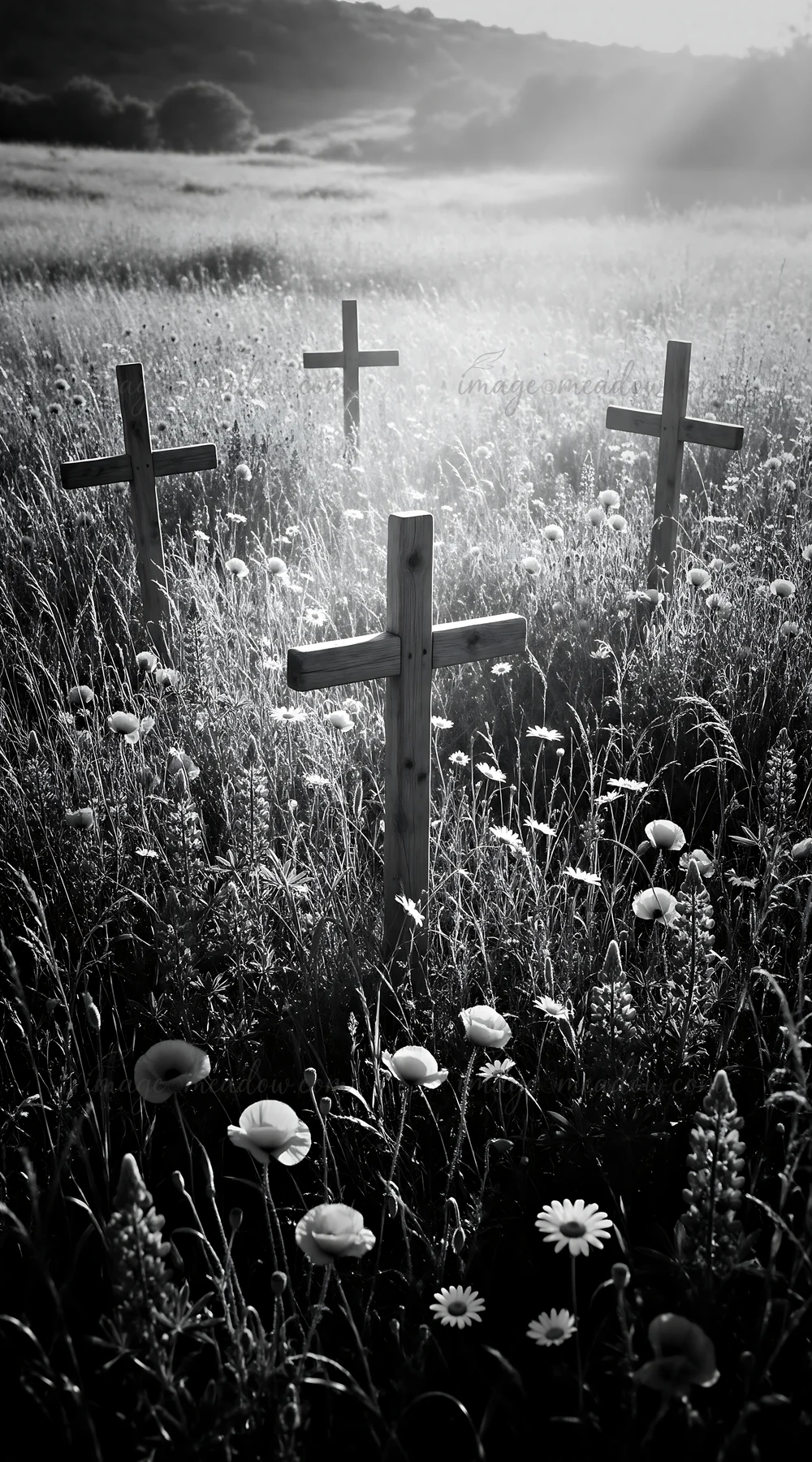 Four wooden crosses stand in a secluded meadow filled with wildflowers. Volumetric sunbeams light up the scene as the day transitions toward evening, creating a