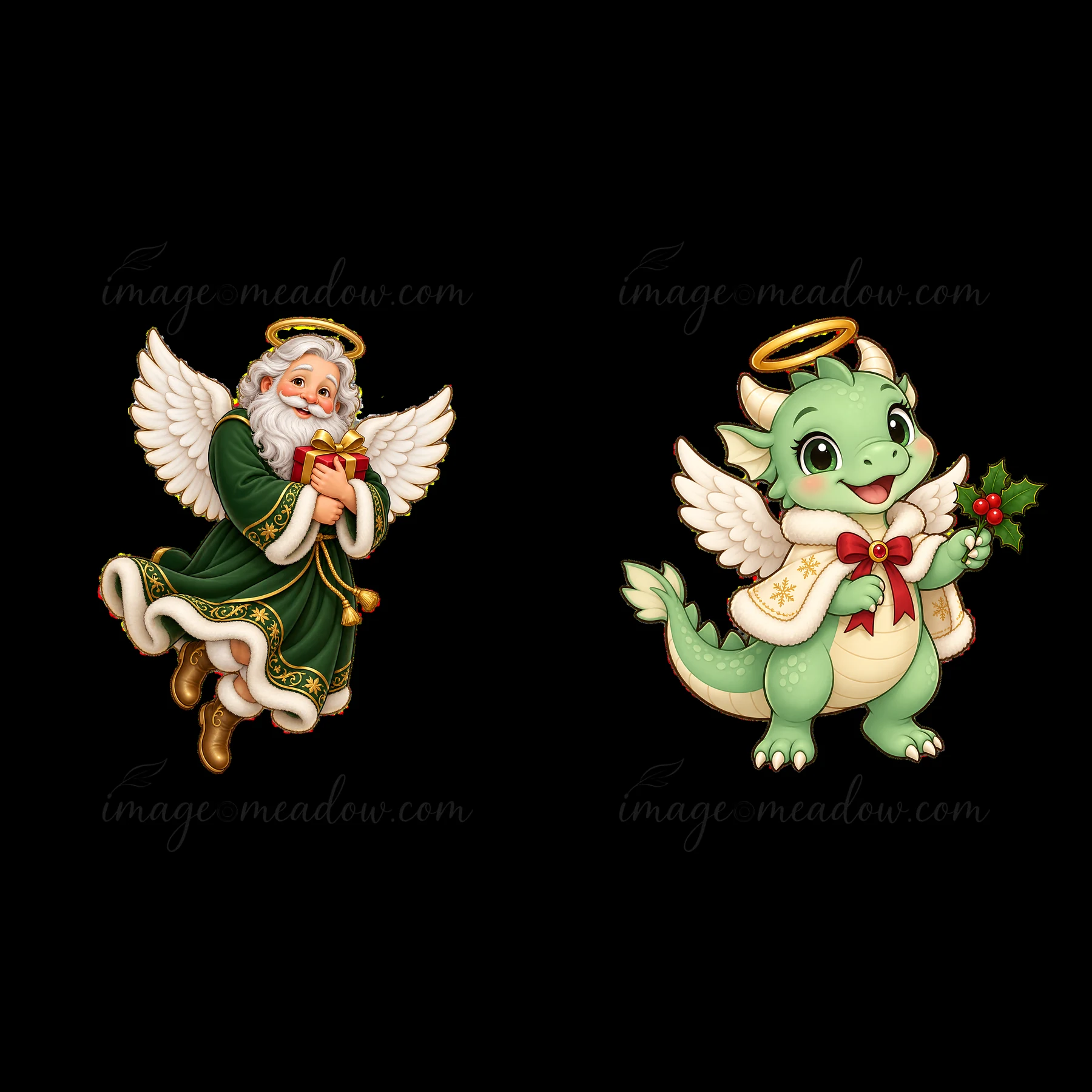 Sticker illustration shows a Christmas angel holding a gift and a joyful dragon holding holly. Both characters have halos and festive details. They are designed