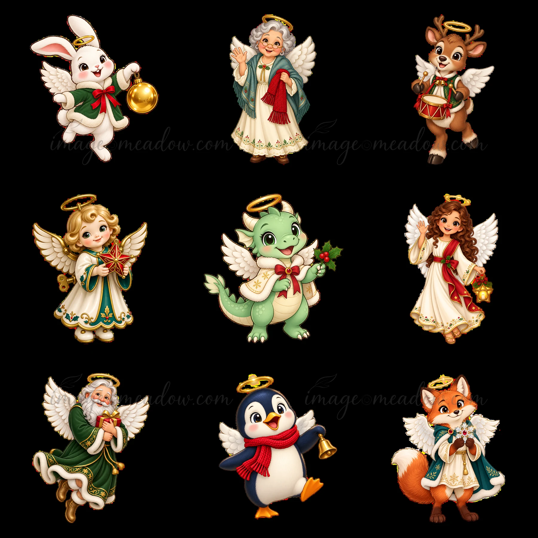 This design features nine charming cartoon characters dressed as Christmas angels. The characters include a bunny, a reindeer, a dragon, and more. Each characte