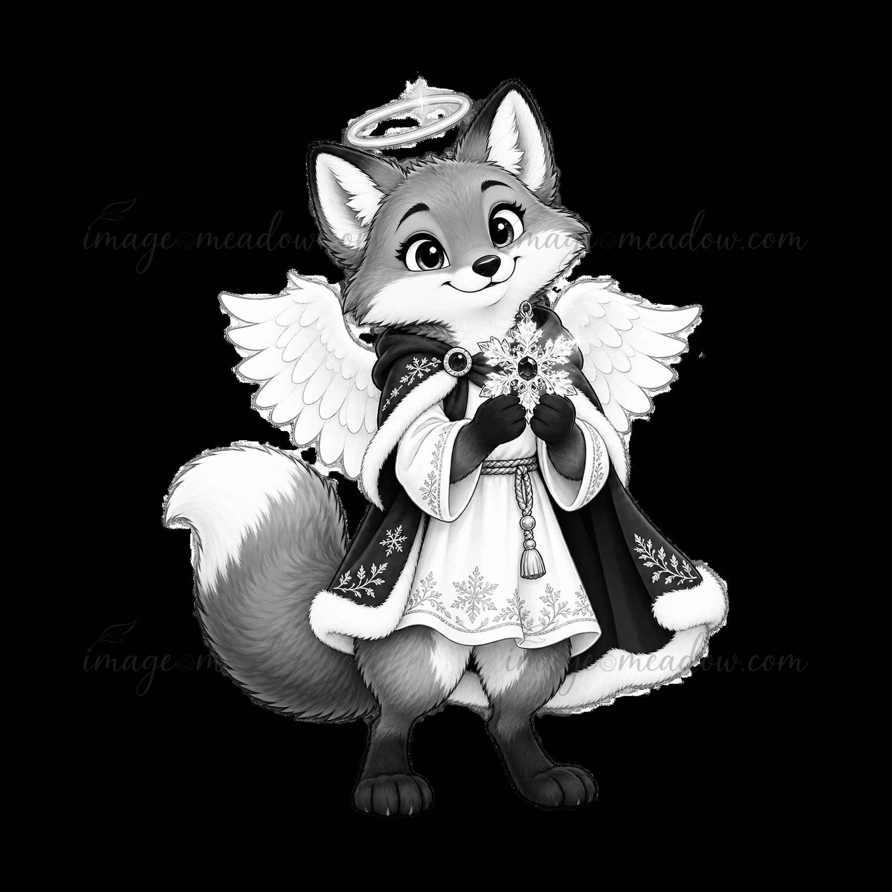 A cartoon fox with angel wings and a halo stands holding a snowflake ornament. The character wears a festive outfit featuring intricate designs, ready to celebr