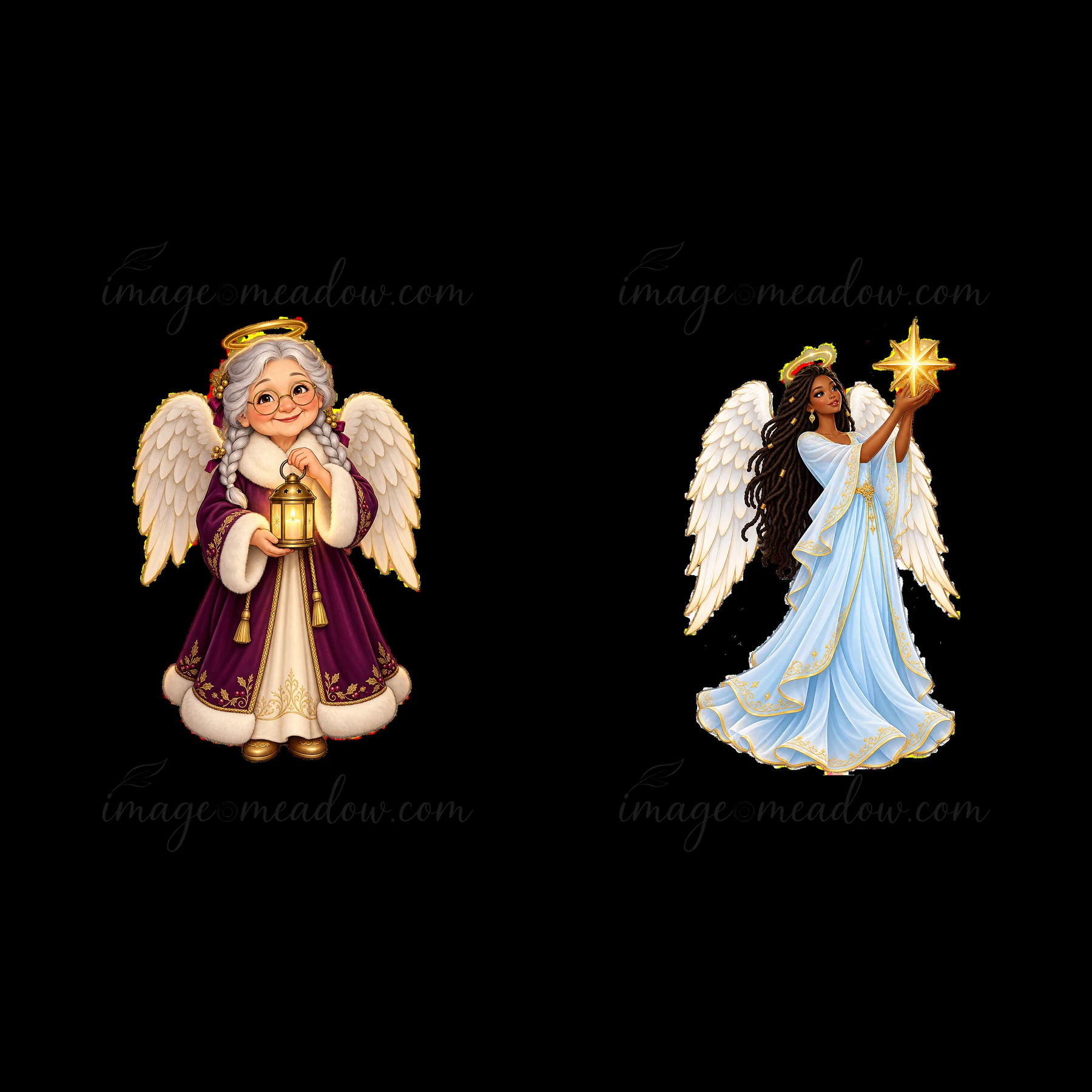 Two Christmas angels are illustrated. The first angel wears a purple coat and holds a lantern, while the second angel, in a blue gown, points at a bright star.