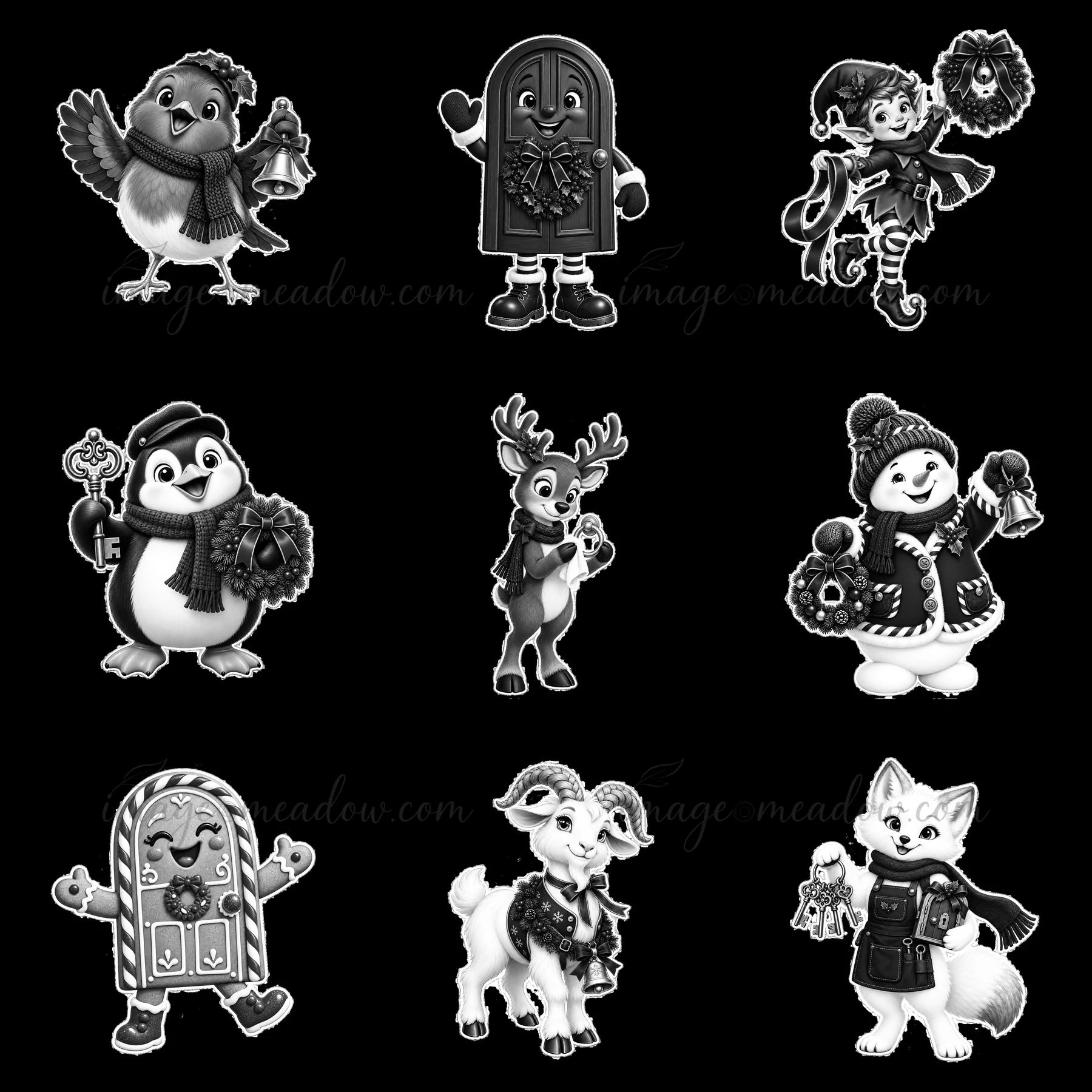 Nine cartoon characters gather around a festive door, celebrating the holiday season. Each character holds a festive accessory, creating a cheerful Christmas sc