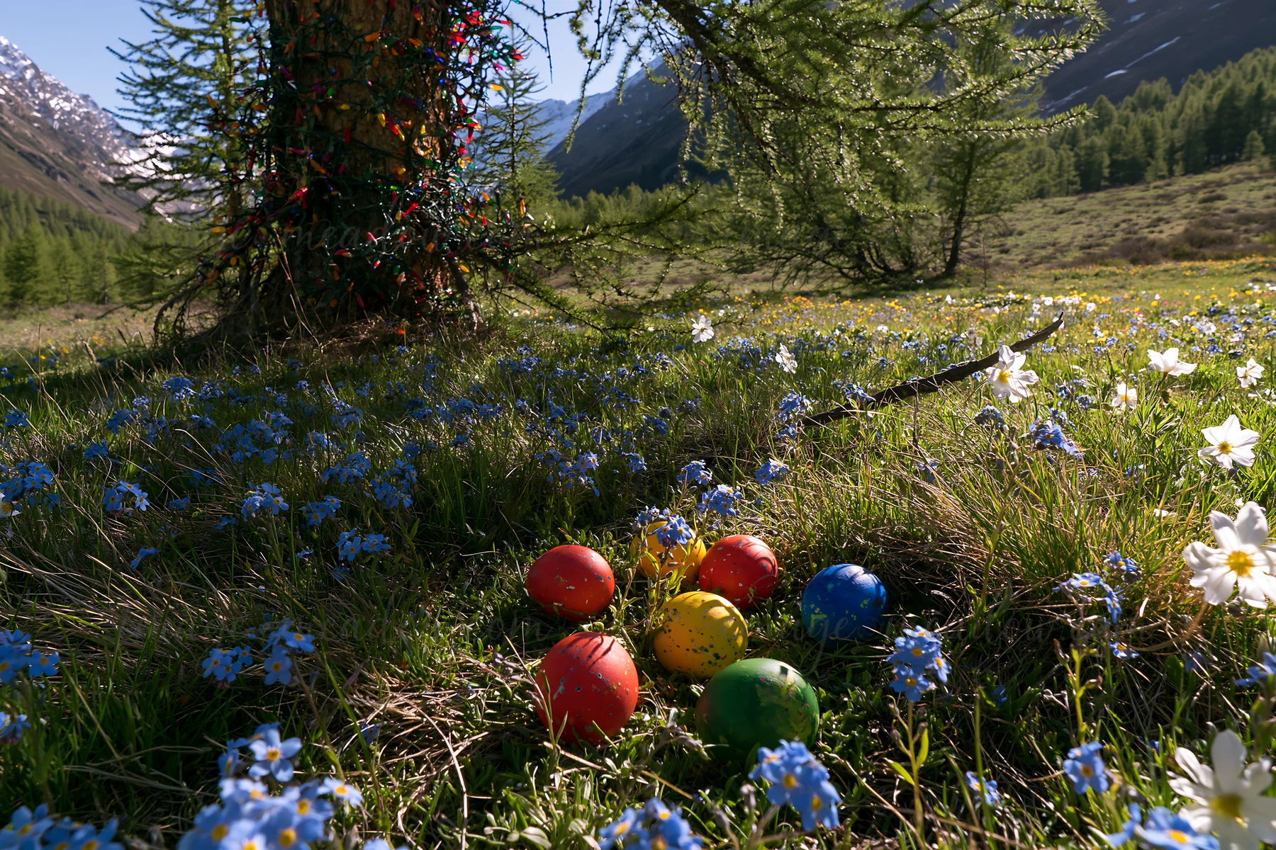 Christmas decorations are placed beside a tree in a meadow filled with wildflowers. The scene is located in a mountain valley, where bright colors stand out aga