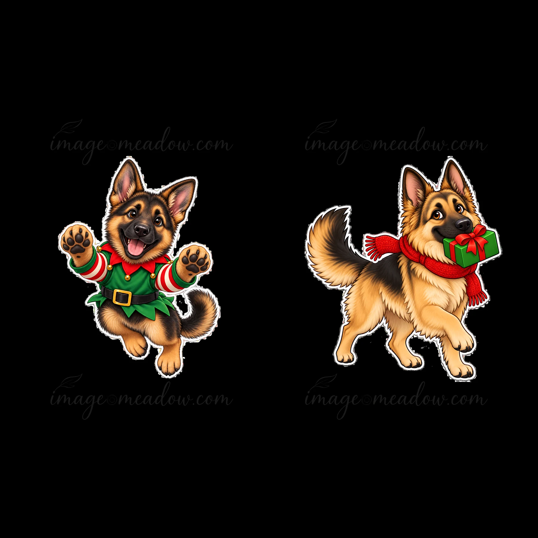 Two cheerful German Shepherd dogs celebrate Christmas. One dog wears a green elf outfit and jumps with joy, while the other carries a gift in its mouth, wrapped