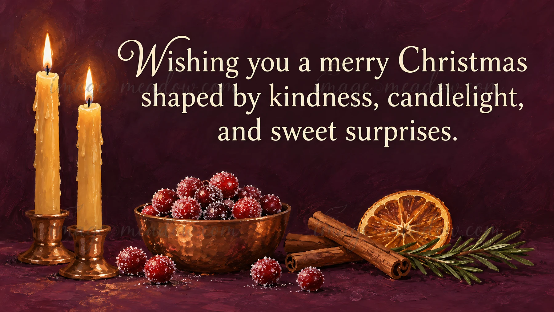 A Christmas greeting reads, “Wishing you a merry Christmas shaped by kindness, candlelight, and sweet surprises.” Two lit candles, sugared cranberries, cinnamon