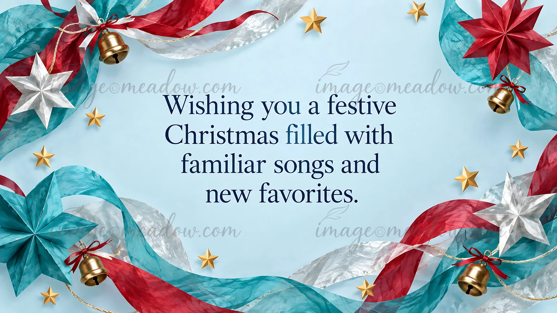 A pale blue Christmas greeting features dark blue serif lettering surrounded by red, teal, and white folded ribbons, faceted stars, and gold bells tied with red