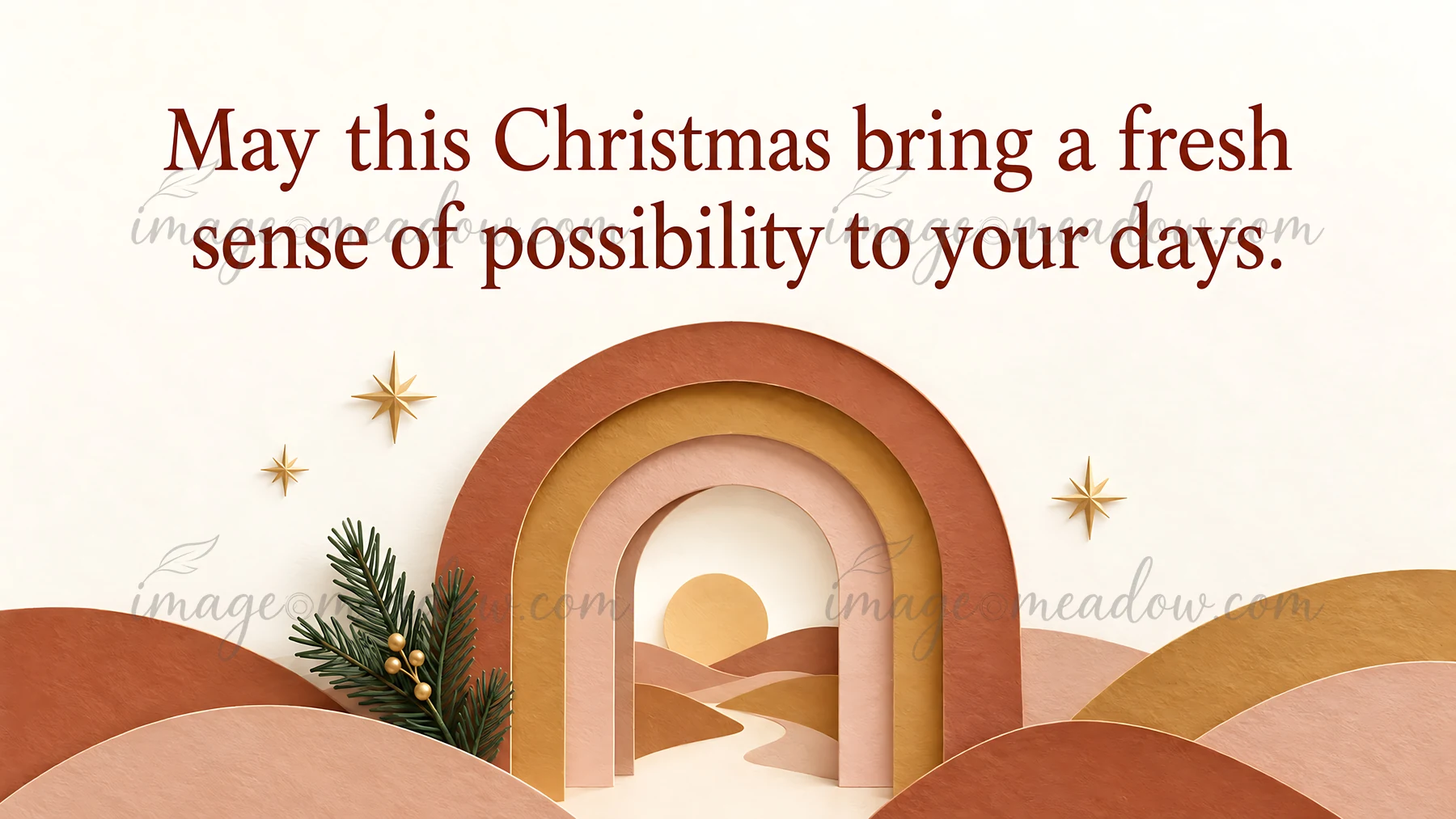 A cream Christmas greeting card features the message “May this Christmas bring a fresh sense of possibility to your days.” above layered terracotta, blush and o