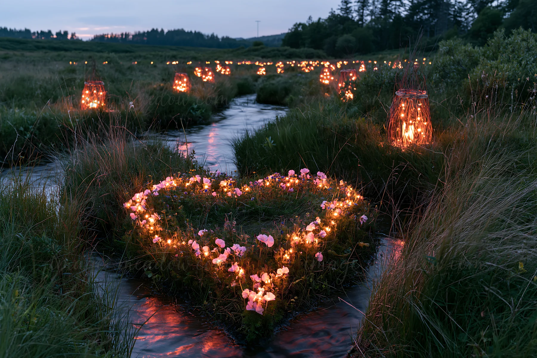 Lanterns are placed around a stream in a meadow at dusk. The soft light from the lanterns reflects on the water, creating a festive atmosphere. Flowers and gras