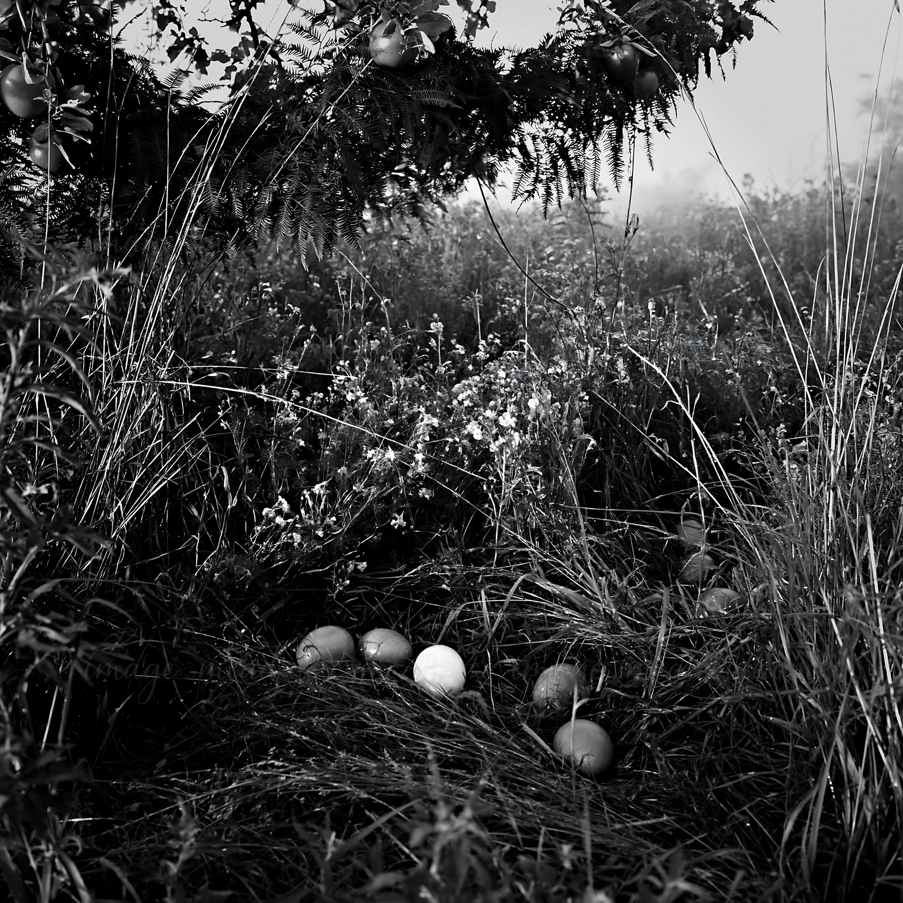 A misty meadow features an apple tree surrounded by bracken and flowers. Apples lie on the ground among tall grass. The scene is tranquil during a cool morning