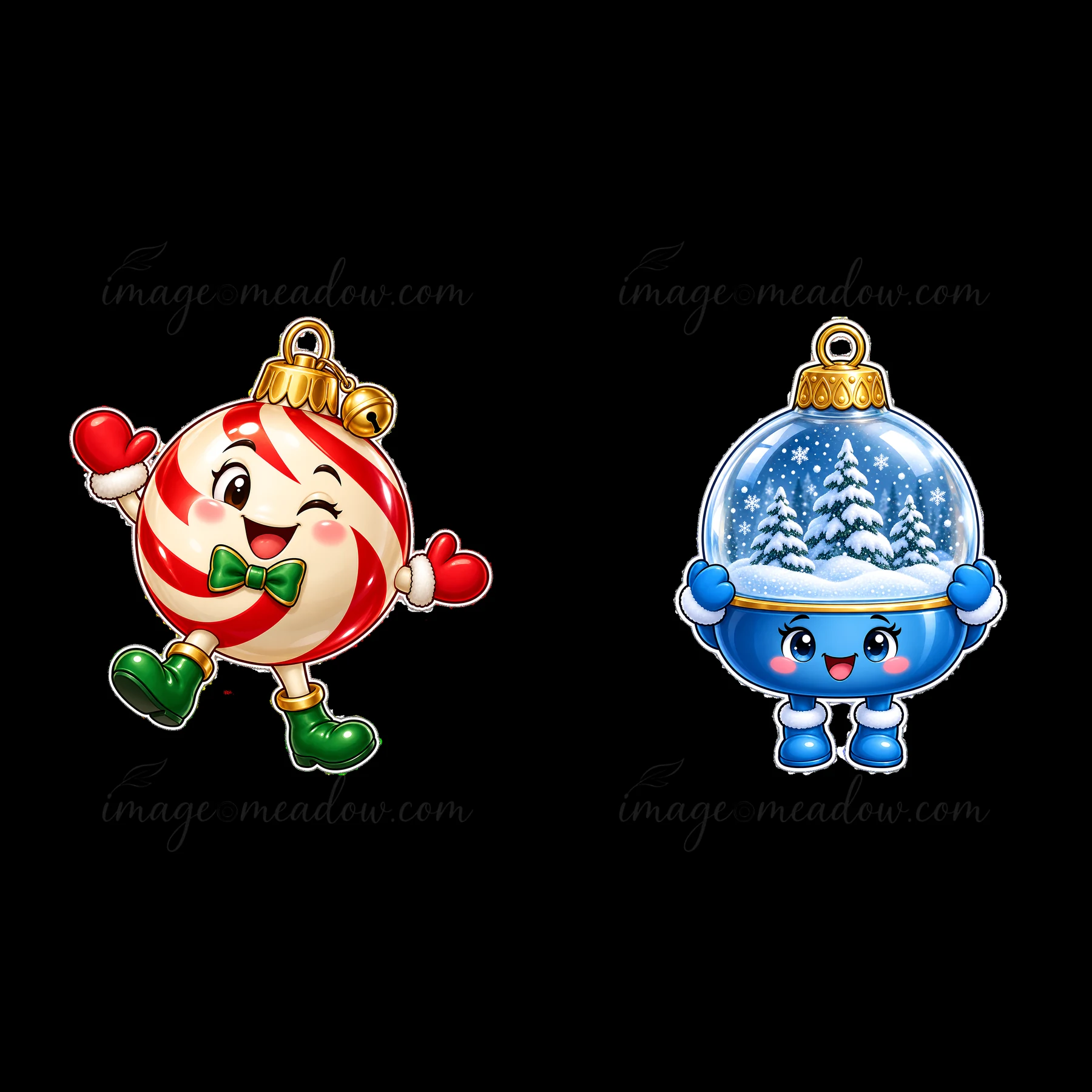 Two cartoon Christmas ornaments are shown. One is a red and white striped ornament with a bowtie, smiling and waving. The other is a blue ornament with a snowy