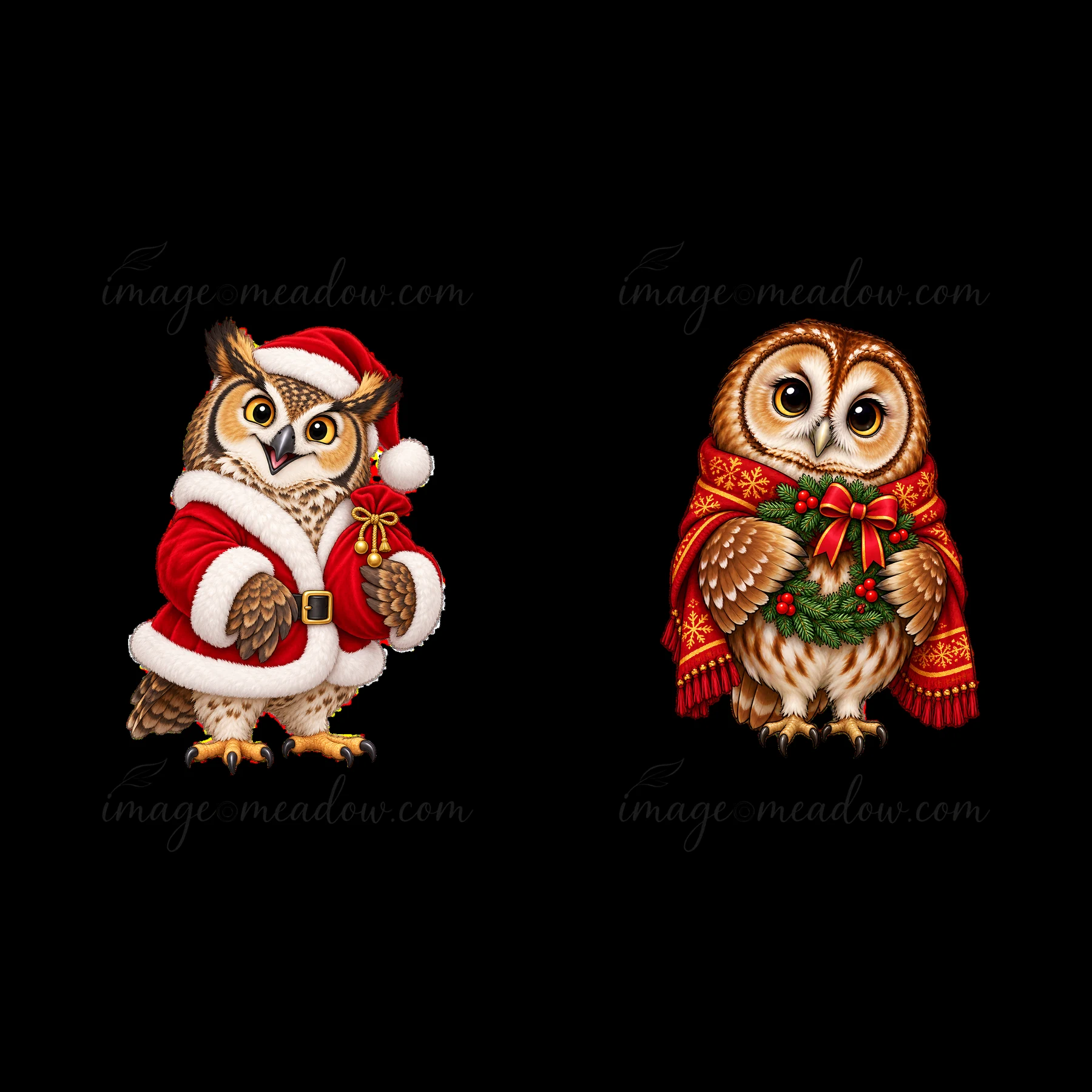 Two cartoon owls are dressed for Christmas. One owl wears a red Santa suit with a hat and holds a candy cane. The other owl wears a scarf and has a green wreath